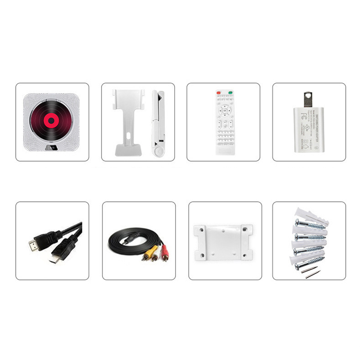 Verschiedenes Elektronikzubehör: CD-Player, Ständer, Fernbedienung, Stecker, Kabel.