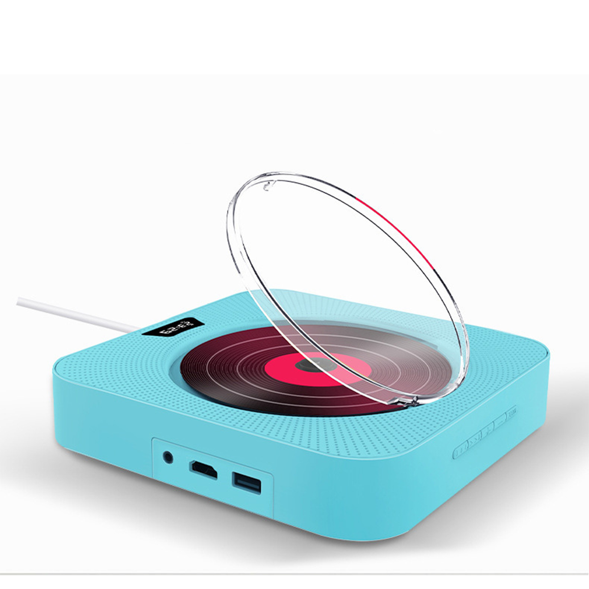 Türkisfarbener quadratischer Musikplayer mit roter CD. Transparenter Deckel offen. Weißer Hintergrund.