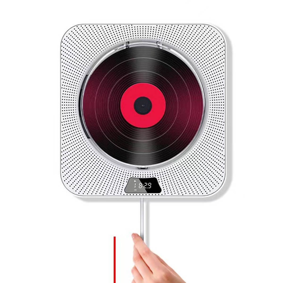 Ein weißer quadratischer CD-Player mit roter Disc, eine Hand greift nach einem Kabel.