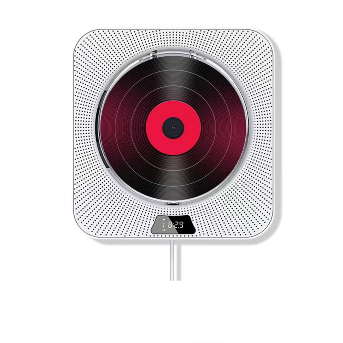 Ein weißer quadratischer CD-Player mit einer schwarzen und roten Vinyl-CD. Der Player zeigt die Uhrzeit 18:29.