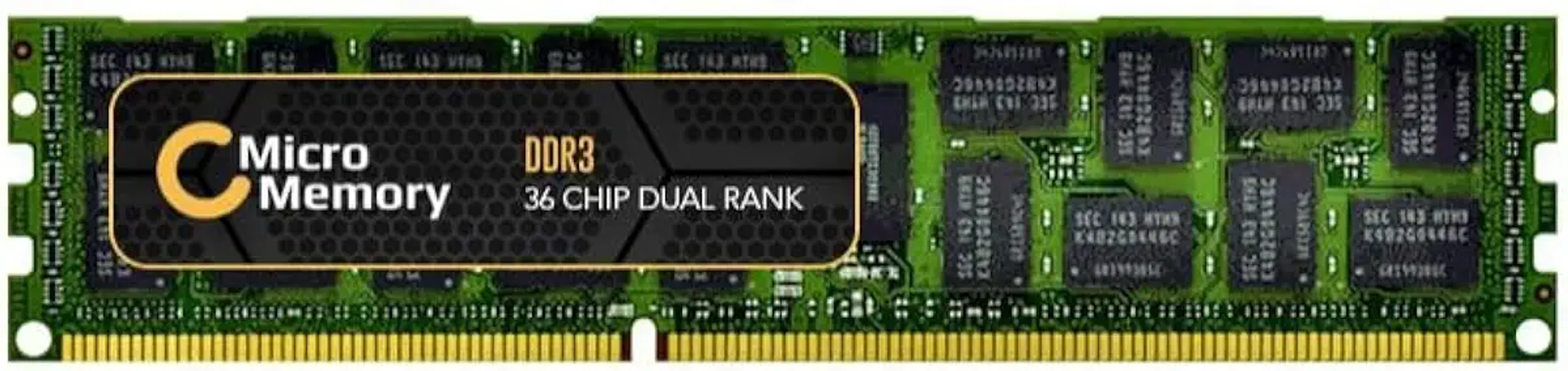 Un modulo RAM DDR3 verde con il logo Micro Memory.