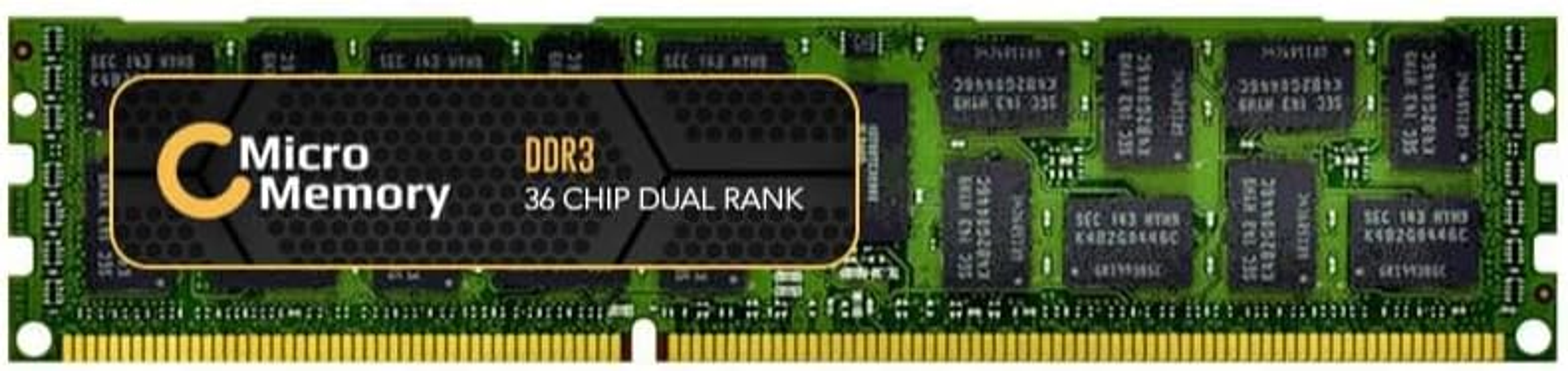 Stick RAM verde con etichetta nera e connettori dorati.