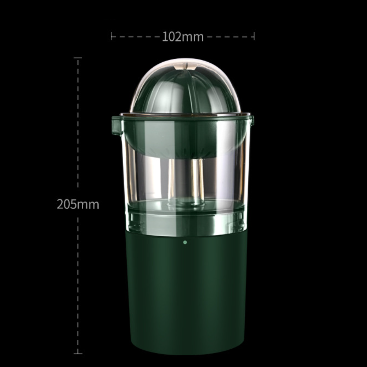 Grüner und transparenter Entsafter mit den Maßen: 102 mm Breite, 205 mm Höhe, auf schwarzem Hintergrund.