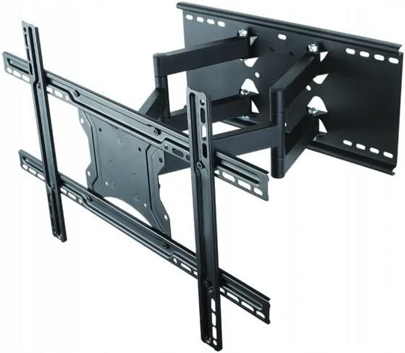 Eine schwarze TV-Halterung mit mehreren verstellbaren Armen, auf weißem Hintergrund.