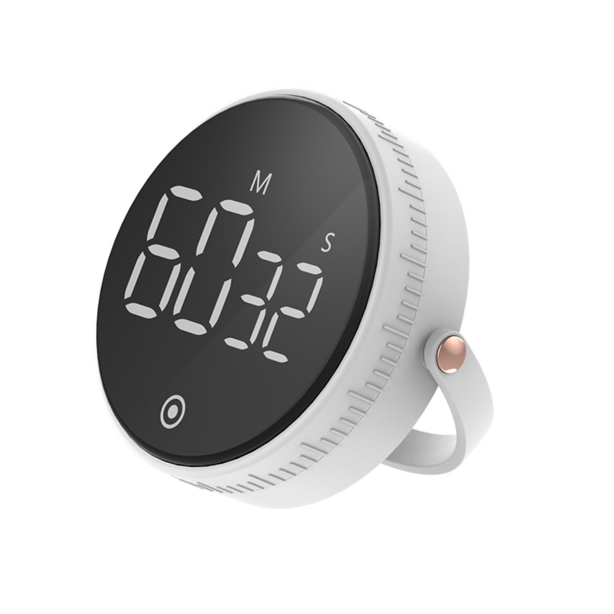 Weißer und schwarzer digitaler Timer mit Ständer. Zeigt 60:32 an. Der Ständer hat eine kreisförmige Form.