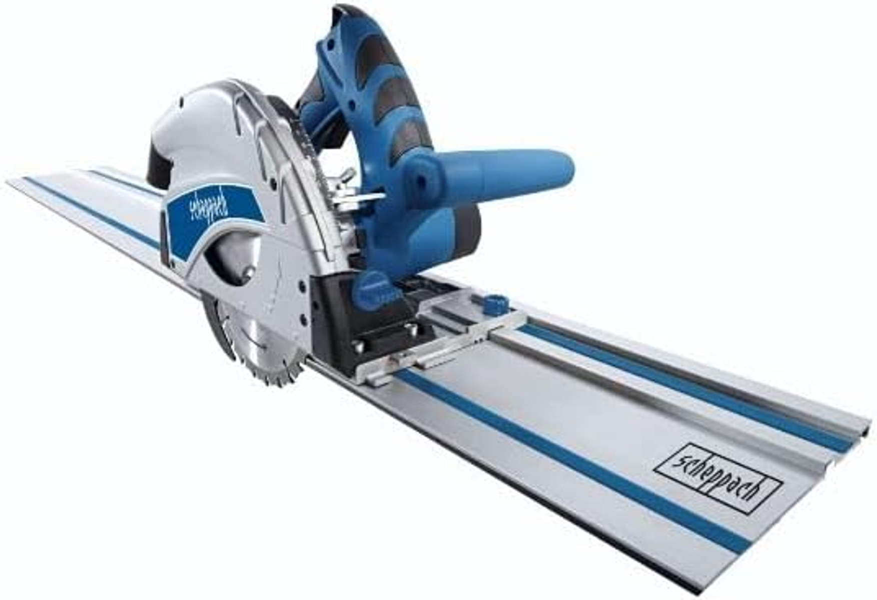 Piła tarczowa z niebieską i srebrną obudową, zamontowana na prowadnicy.