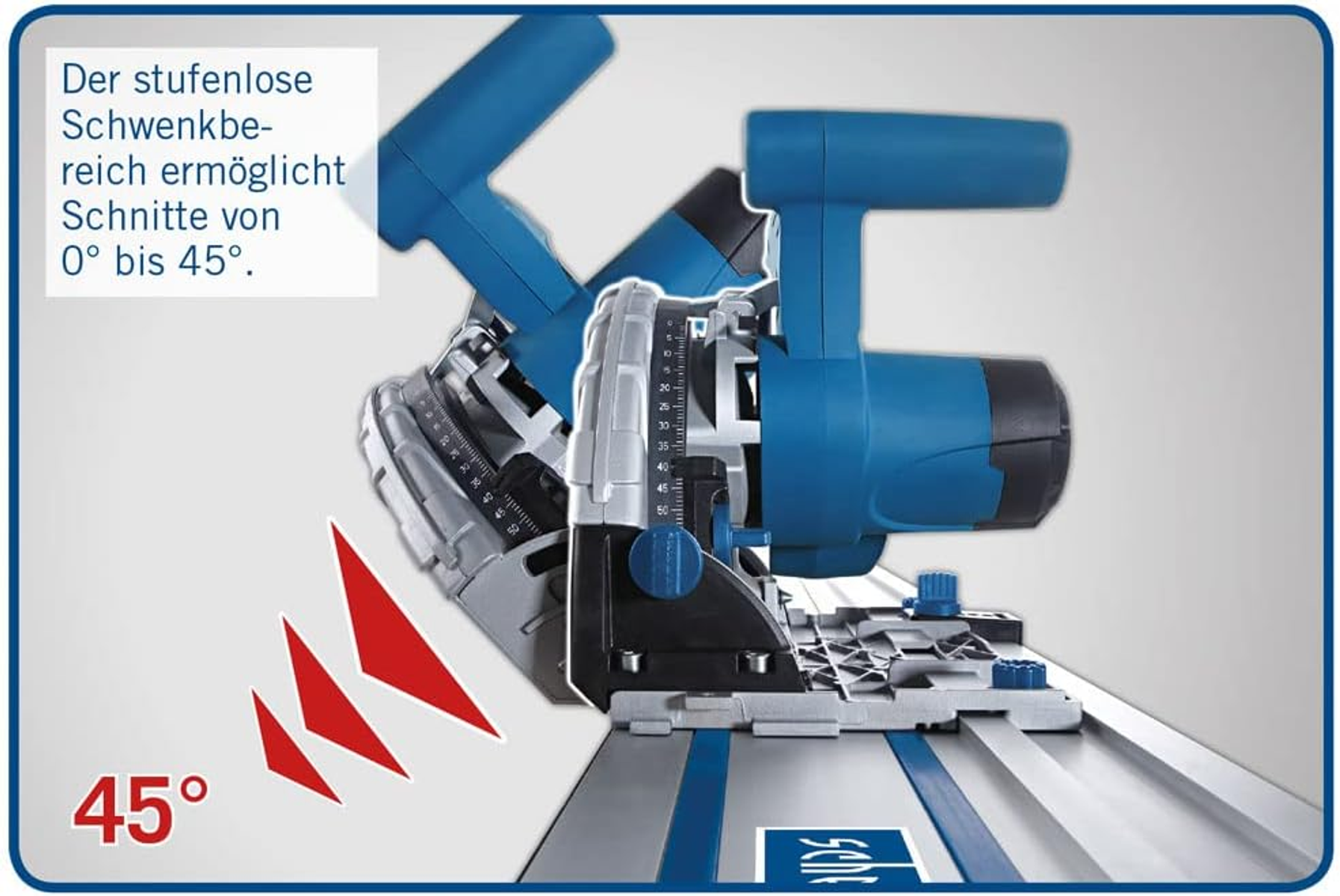 Niebieska i srebrna piła ukośna tnąca pod kątem 45 stopni. Tekst wskazuje zakres 0-45 stopni.