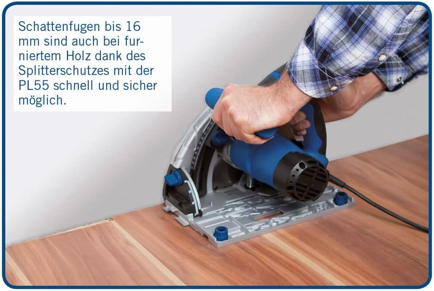 Mężczyzna używa piły tarczowej do drewna. Tekst: Szczeliny cieni do 16 mm.