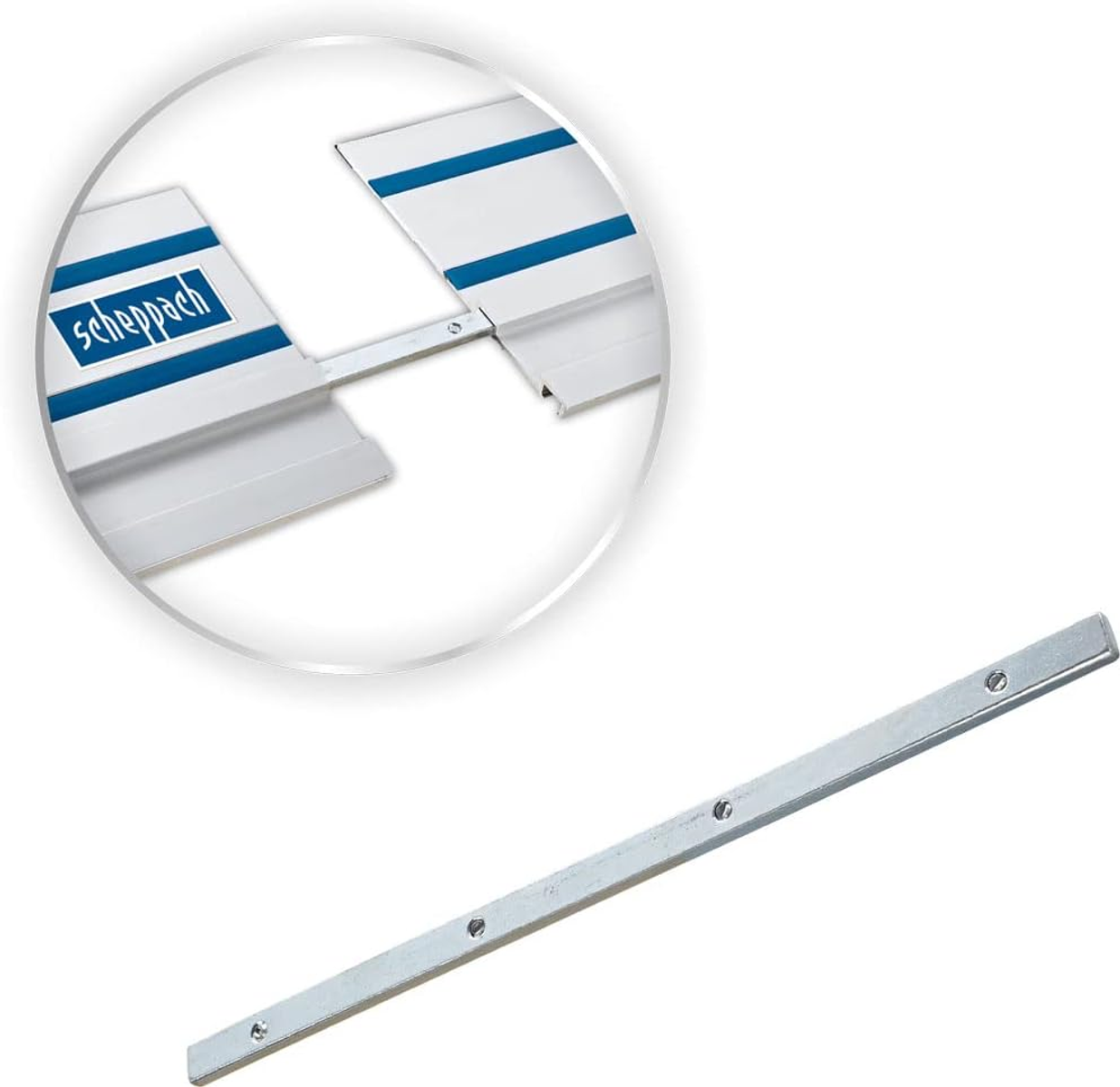 Zbliżenie dwóch połączonych metalowych elementów. Elementy mają niebieski i srebrny kolor.