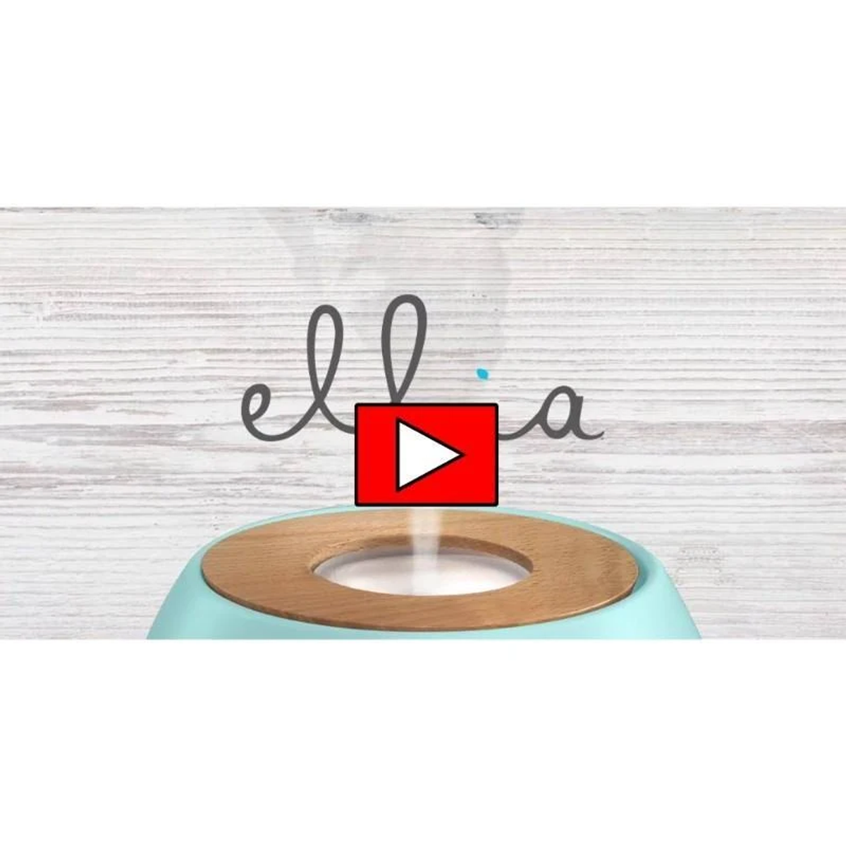 Video eines Luftbefeuchters mit dem Wort 'ellia'. Ein roter Play-Button befindet sich über dem Produkt.