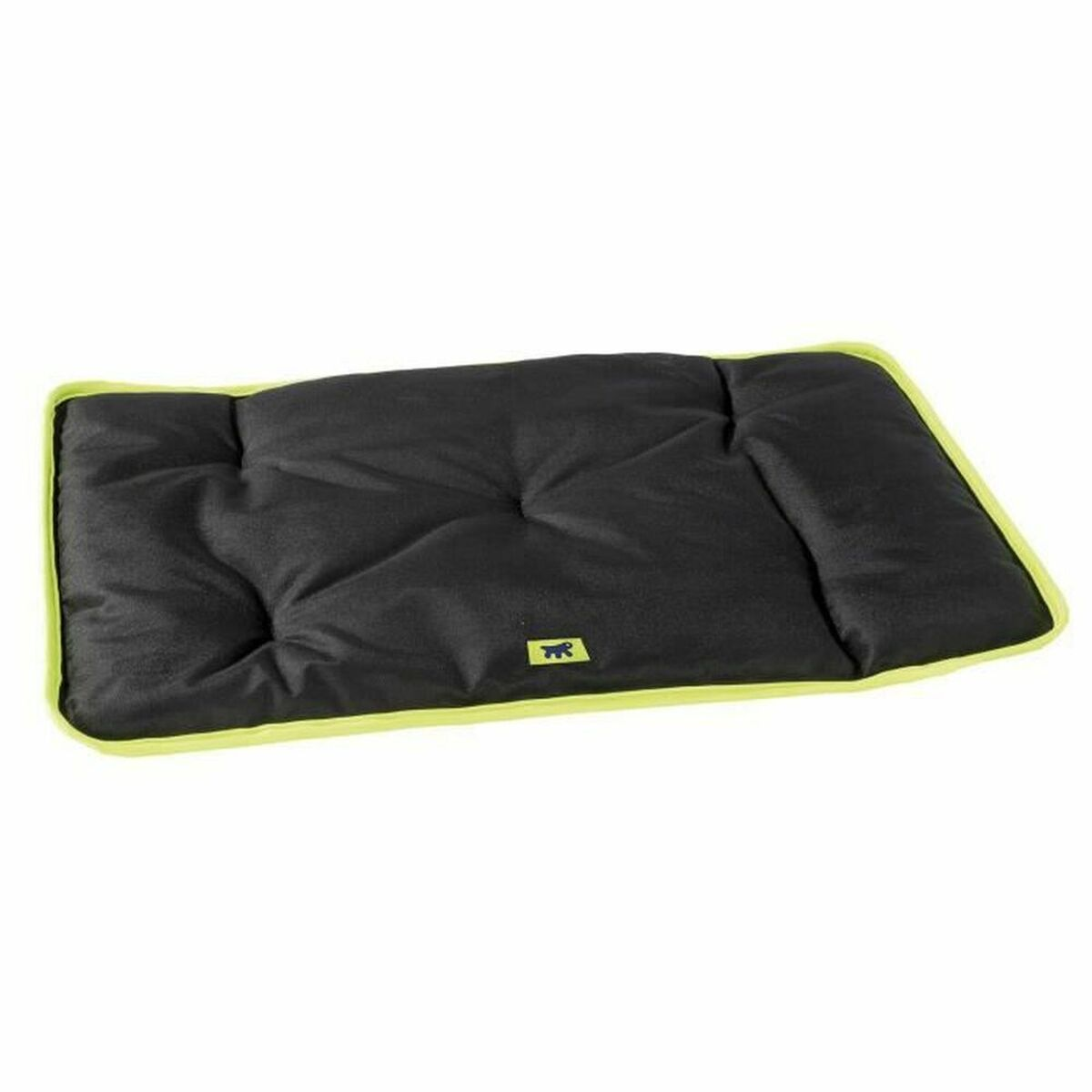 Cuccia per cani nera con bordo verde lime. Forma rettangolare, sfondo neutro.