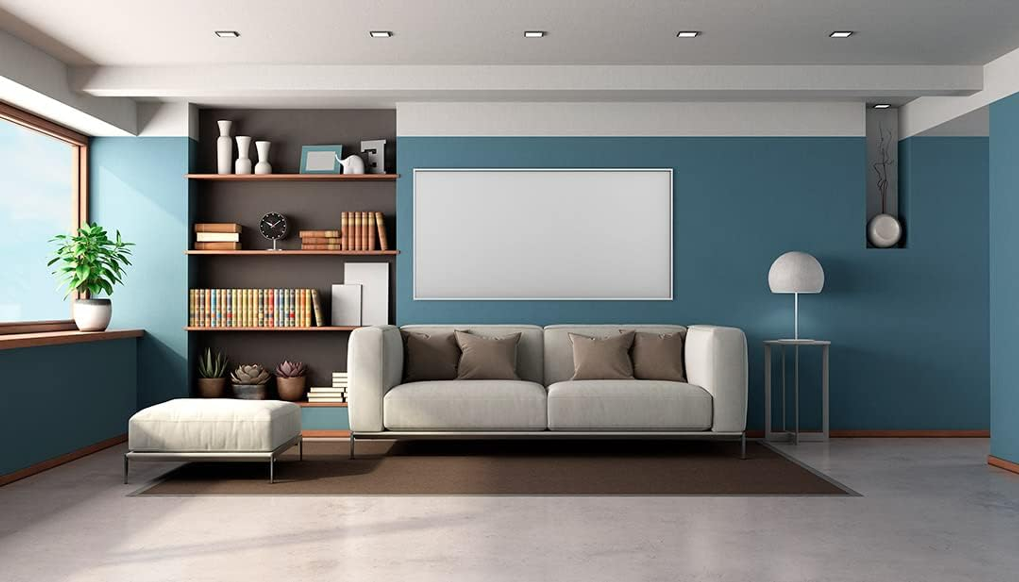 Soggiorno moderno con pareti blu, divano bianco e finestra a sinistra.