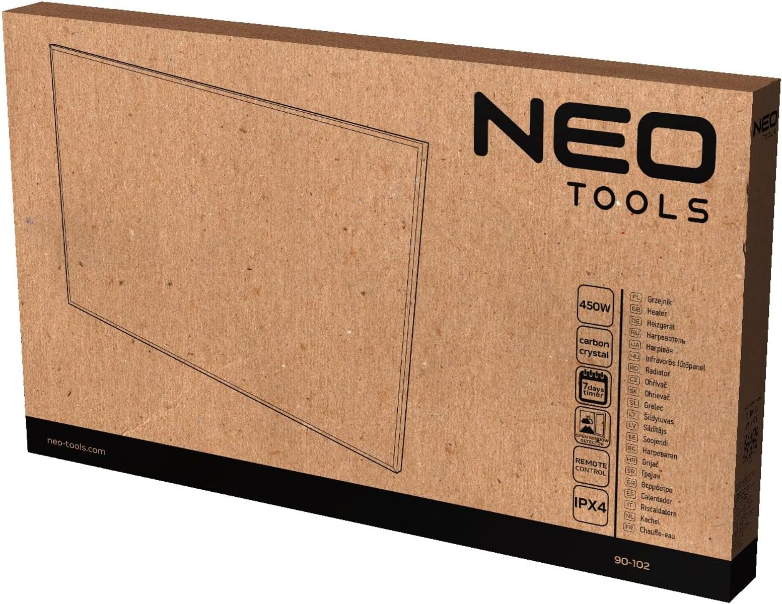 Scatola di cartone con immagine rettangolare e testo: NEO TOOLS. Testo in più lingue.