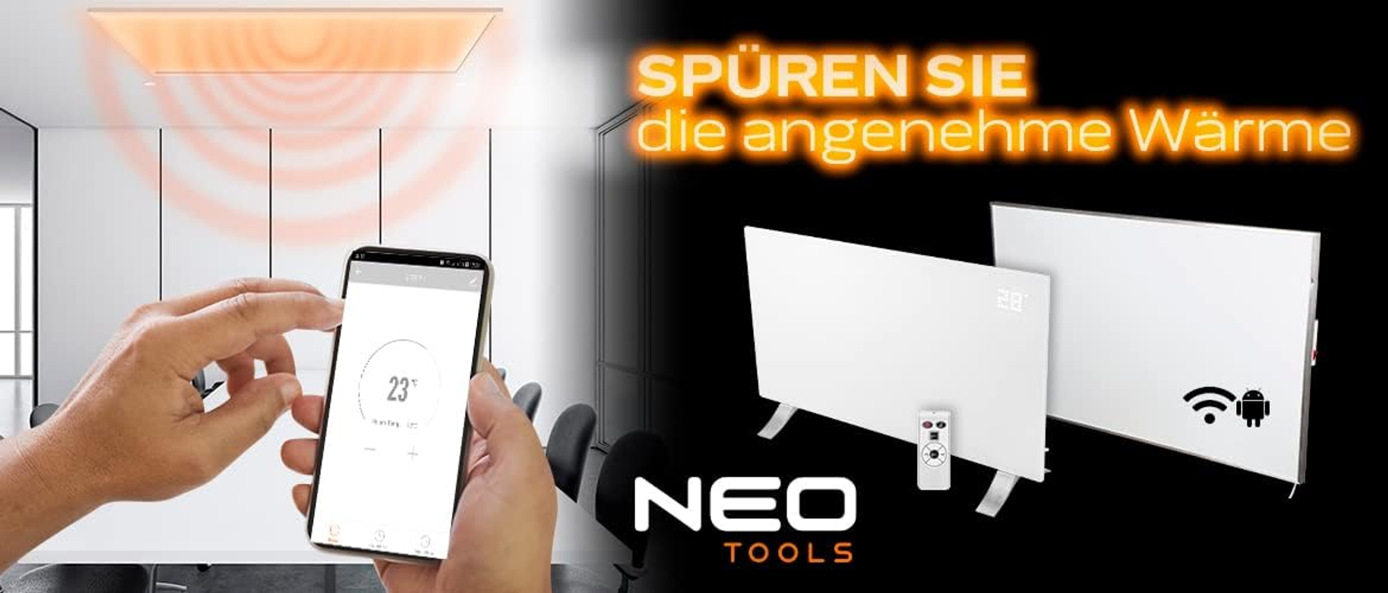 Persona che usa un telefono per controllare un riscaldatore bianco. Due riscaldatori bianchi sullo sfondo, logo Neo Tools.