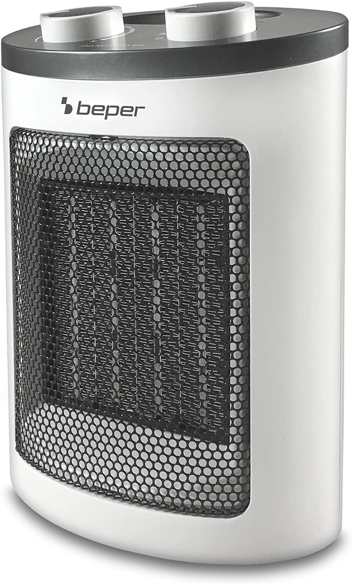 Biały grzejnik elektryczny z czarnym siatkowym przodem i logo beper.