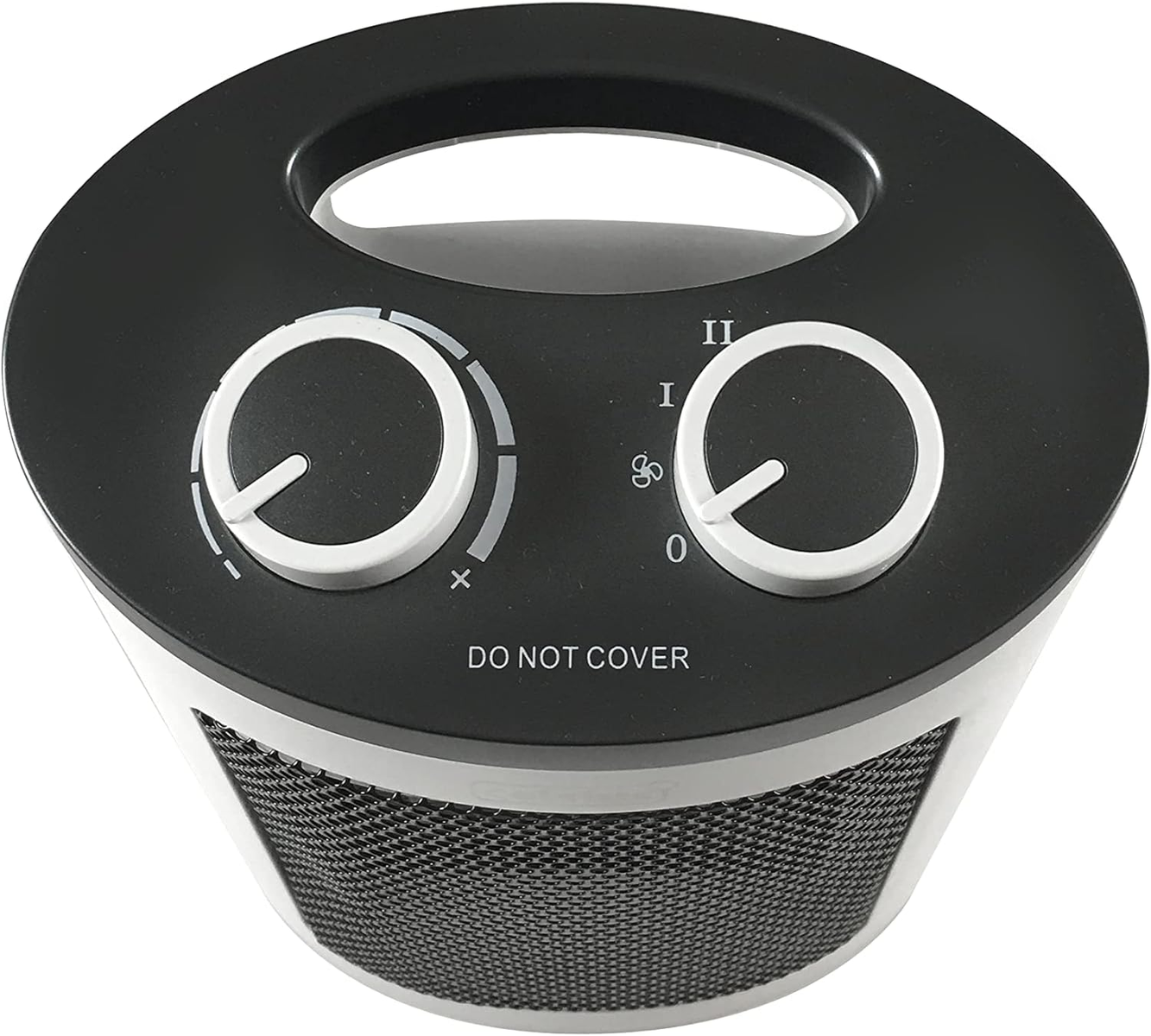 Czarny i biały mały grzejnik z dwoma pokrętłami na górze.