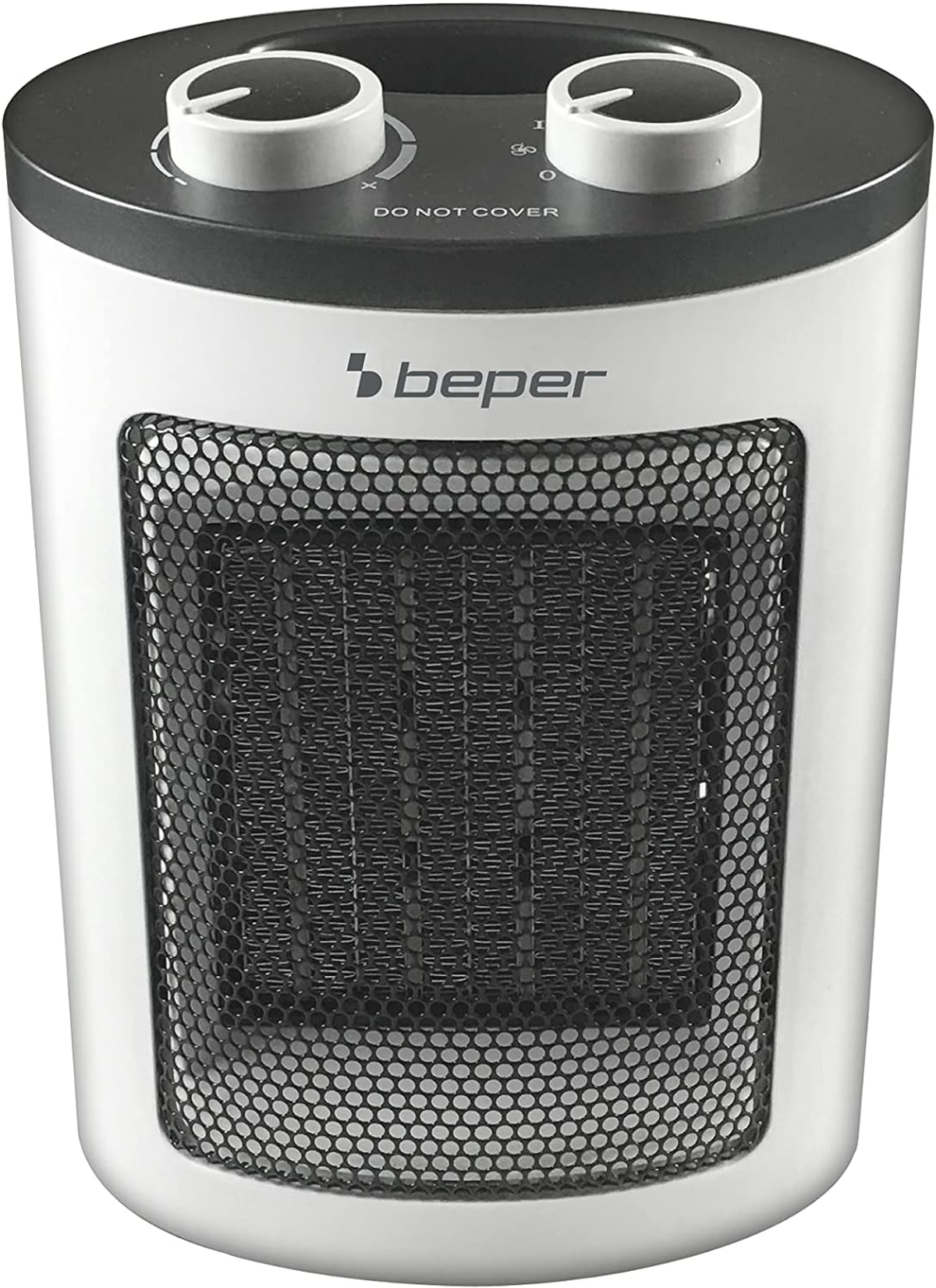 Biało-czarna grzałka elektryczna z czarną kratką i dwoma pokrętłami u góry.