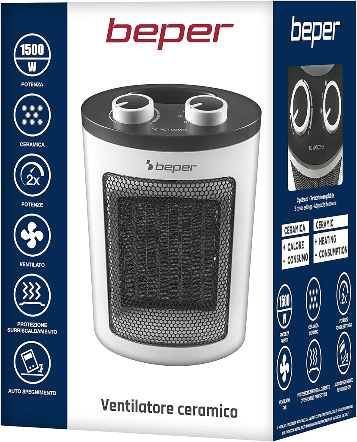 Biała i czarna ceramiczna skrzynka grzewcza, z elementami sterującymi i etykietami tekstowymi. Tło jest białe.