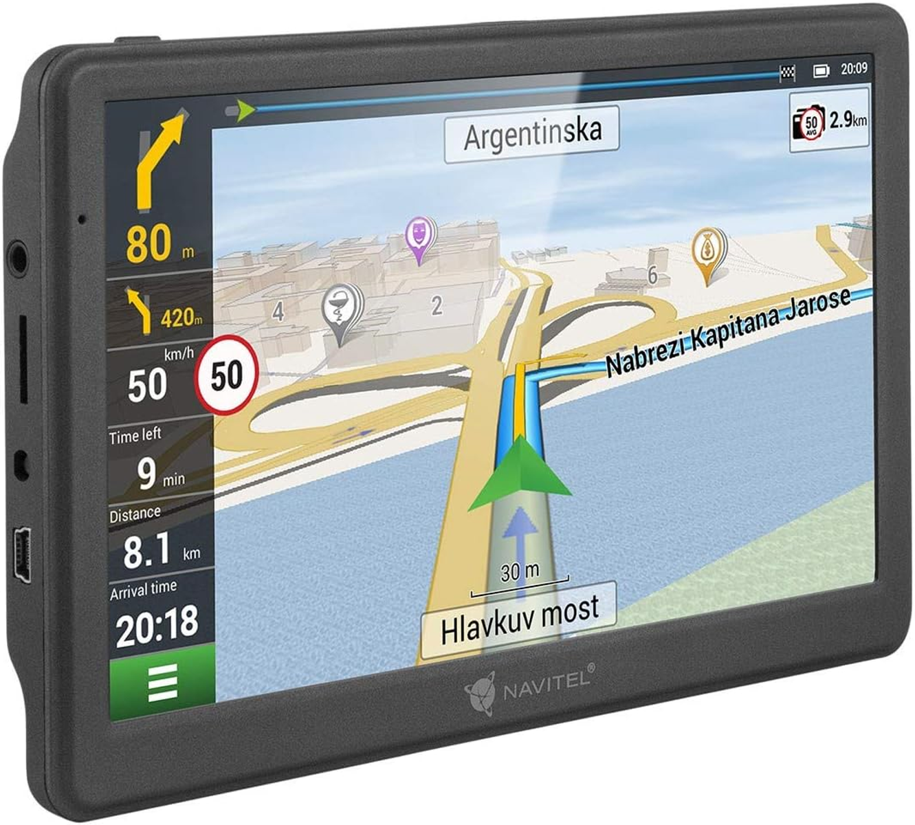 Schwarzes GPS-Gerät, das eine Karte mit Navigationsanweisungen, Geschwindigkeit und Ankunftszeit anzeigt.