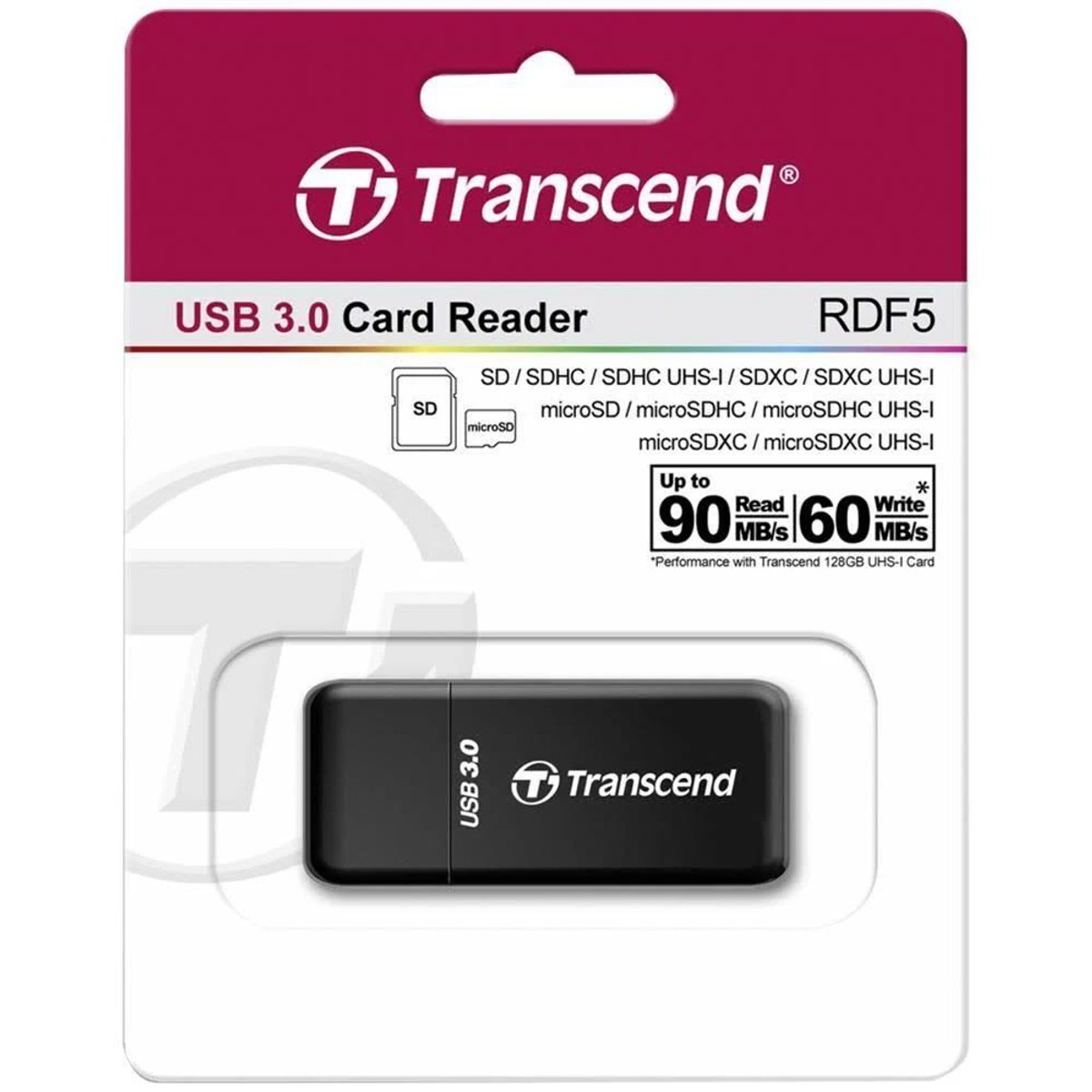 Czarny czytnik kart Transcend USB 3.0 w opakowaniu. Białe tło.