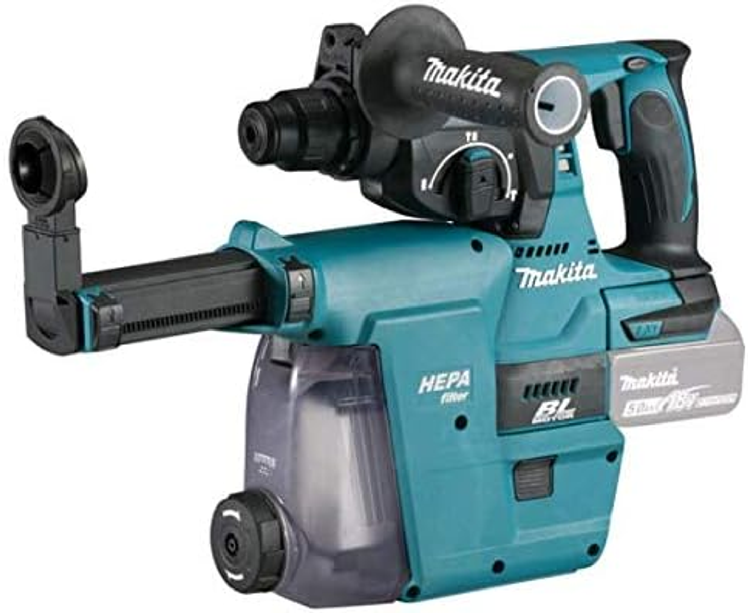 Trapano elettrico Makita verde acqua e nero con filtro HEPA e batteria.