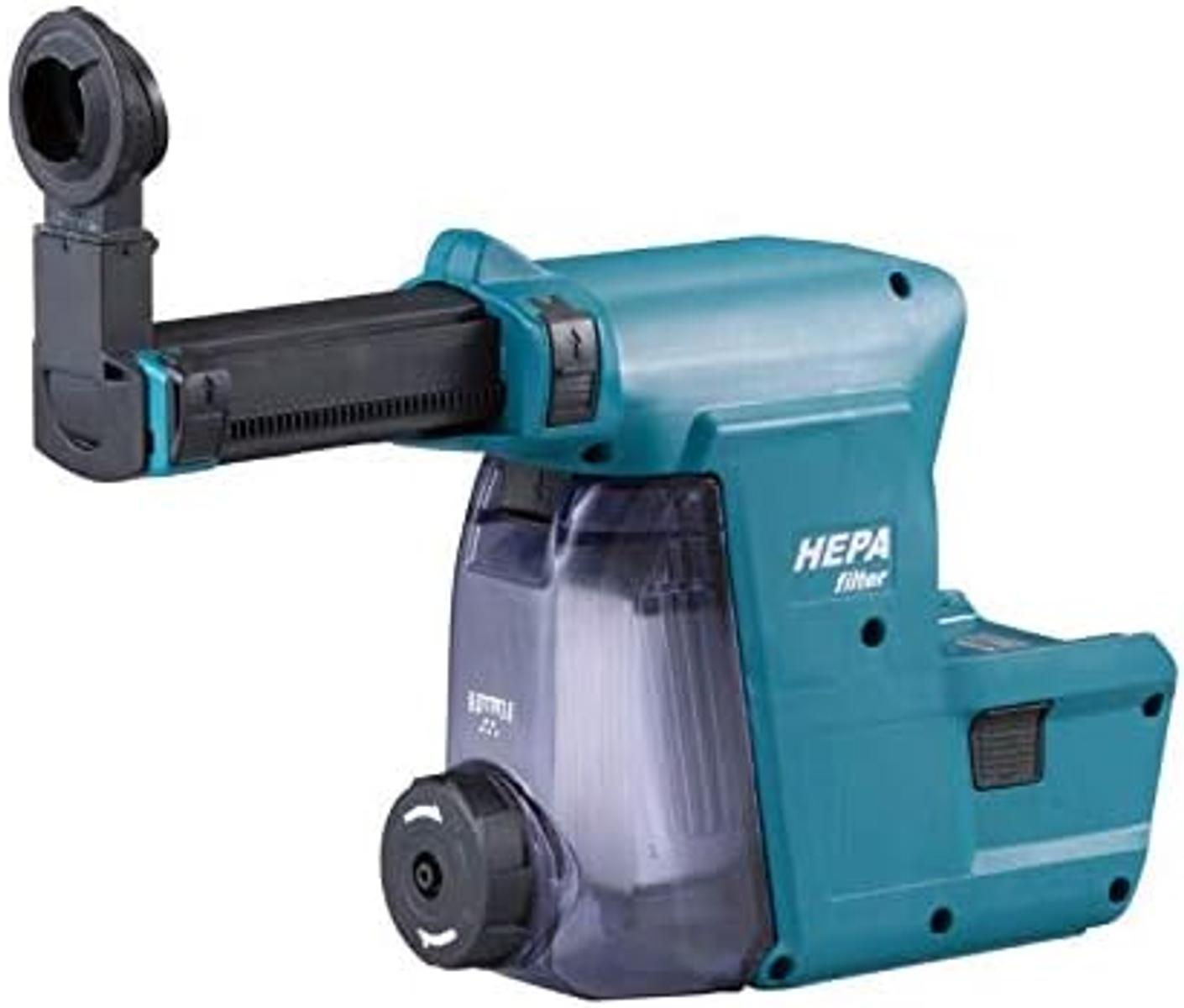Un aspirapolvere cordless turchese e grigio con manico nero, inclinato a sinistra, su sfondo bianco.