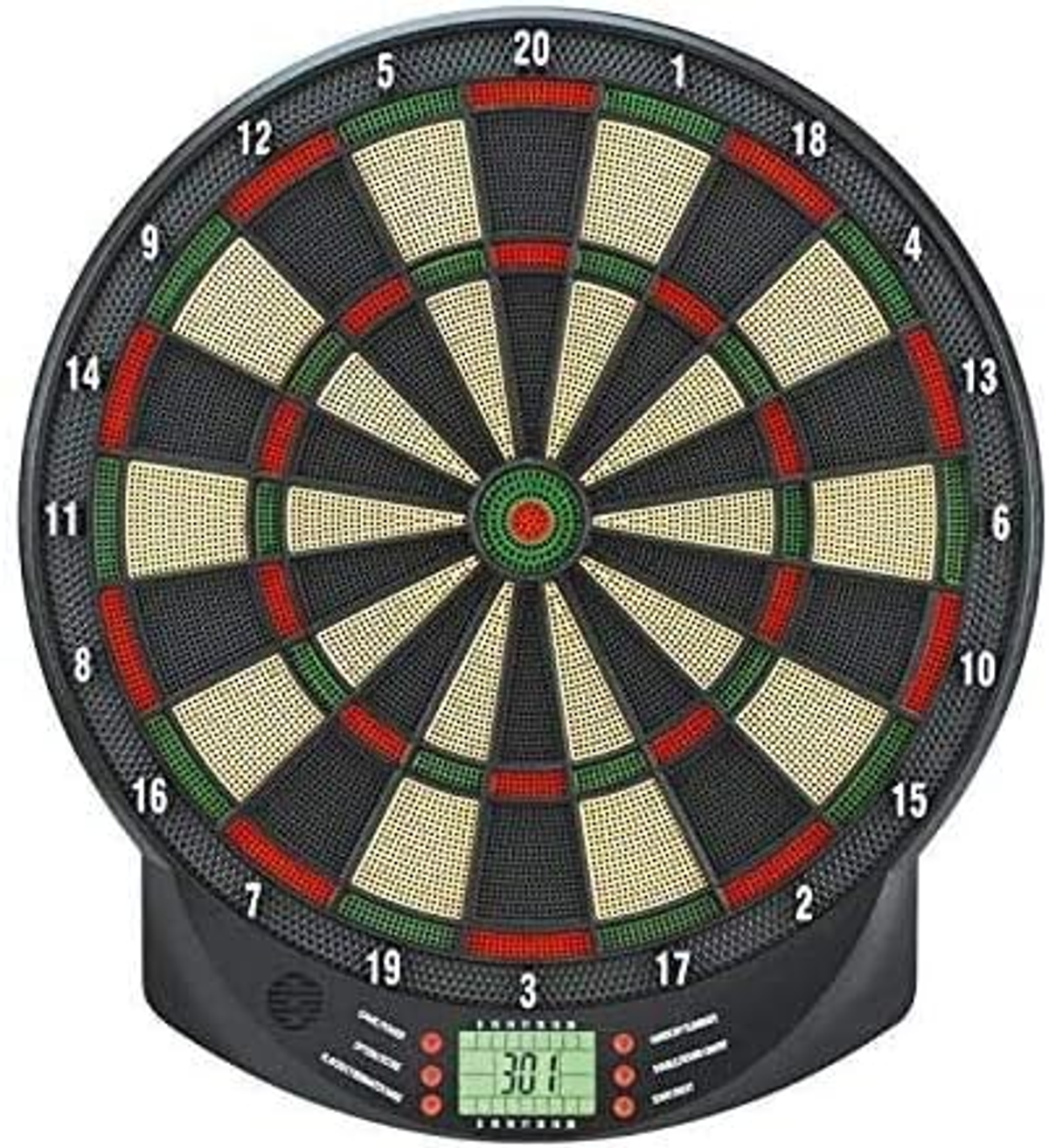 Bersaglio nero con sezioni numerate, un display digitale e una base nera.