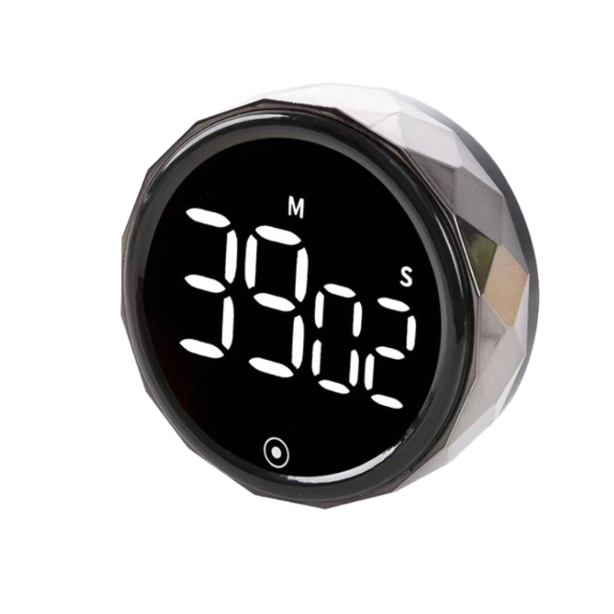 Digitaler Küchentimer mit schwarzem Display und silbernem, facettenreichem Gehäuse. Zeigt Minuten und Sekunden.