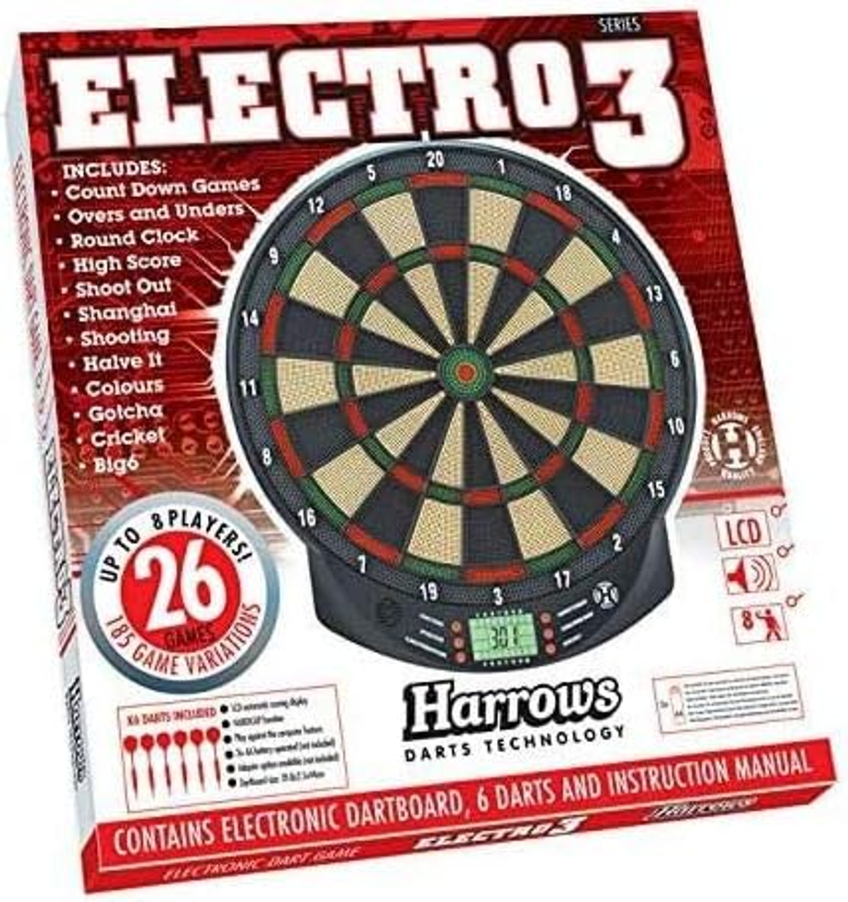 Una scatola di gioco da tavolo con un bersaglio per freccette e istruzioni.