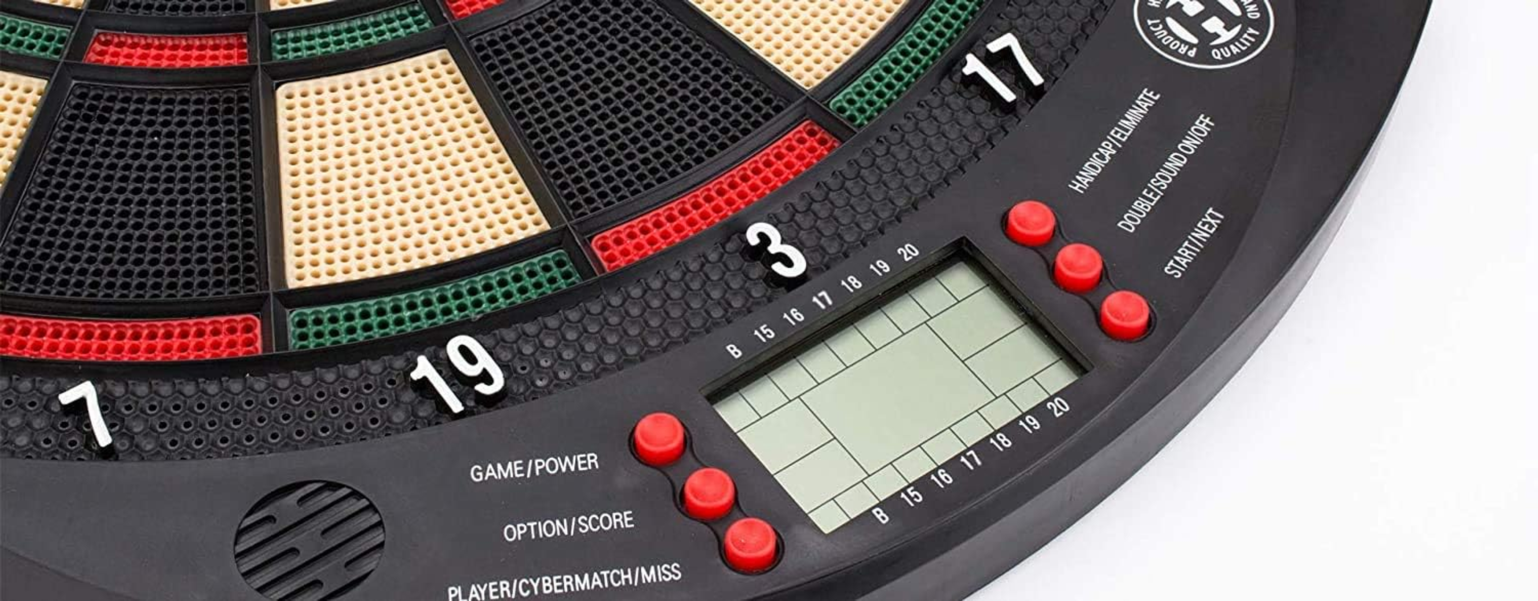 Bersaglio elettronico per freccette con numeri e display digitale con punteggi.