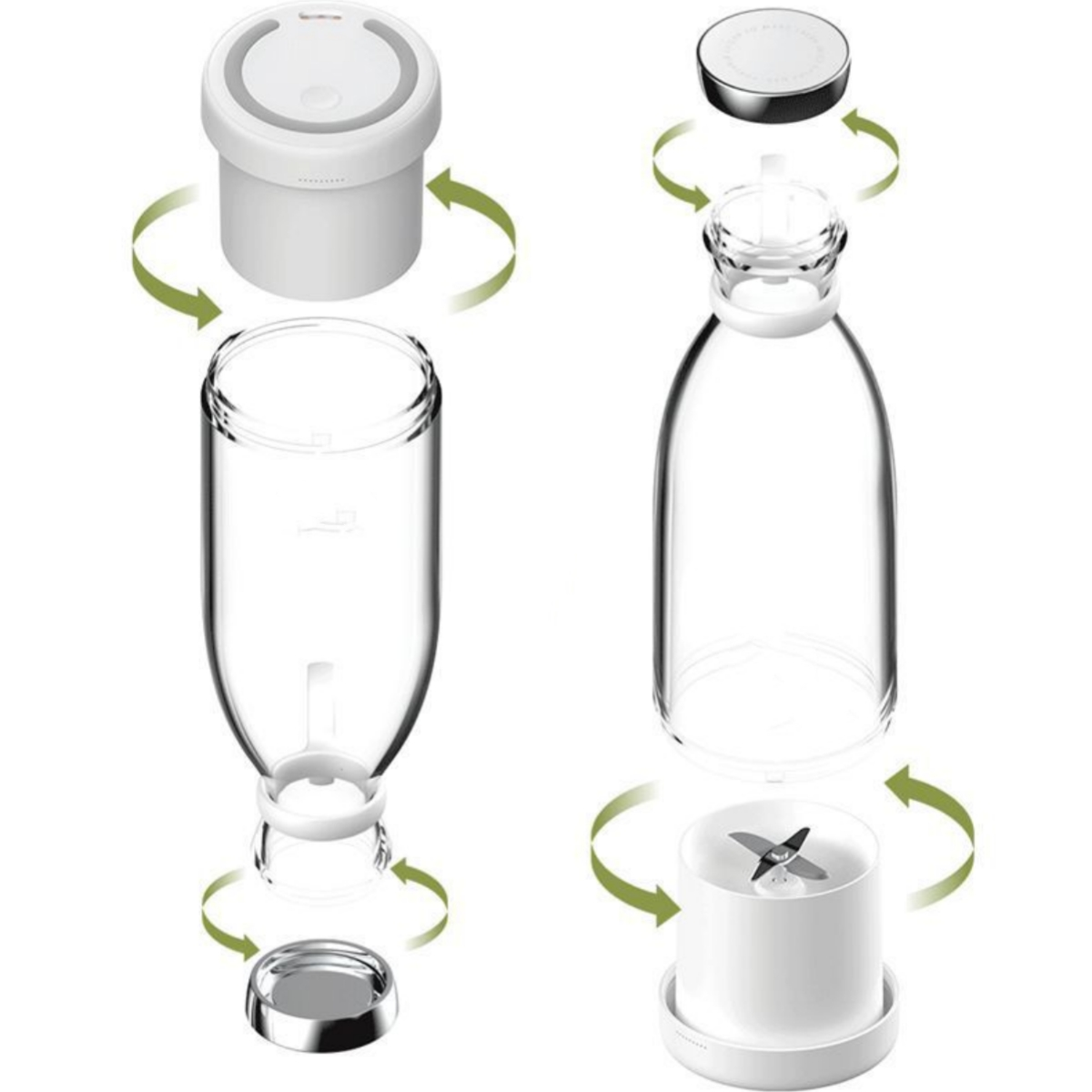 Zerlegter Mixer. Klare Flasche, weißer Sockel mit Klingen und weißer Deckel, mit Pfeilen.