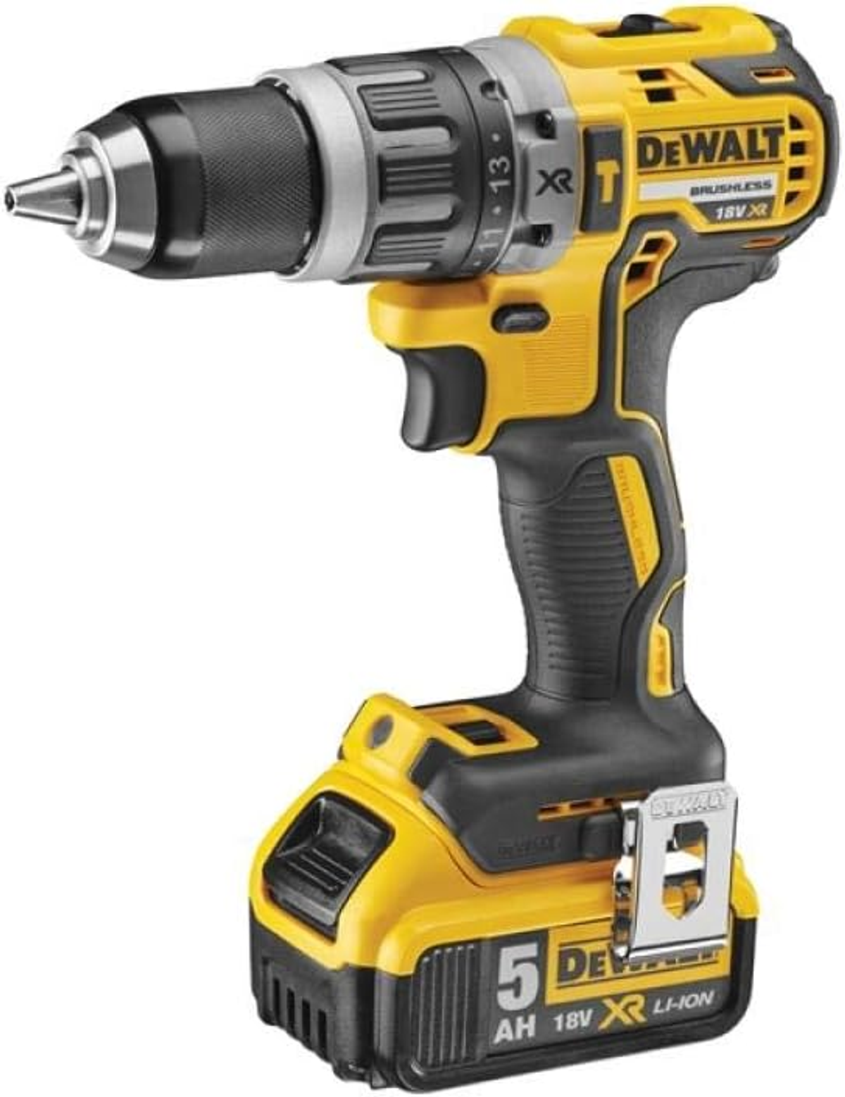 Gelb-schwarzer DeWalt Akku-Bohrschrauber mit Akku und Bohrer.