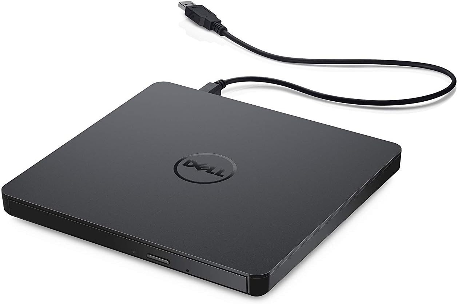 Ein schwarzes Dell DVD-Laufwerk mit einem USB-Kabel. Das Dell-Logo befindet sich oben auf dem Laufwerk.