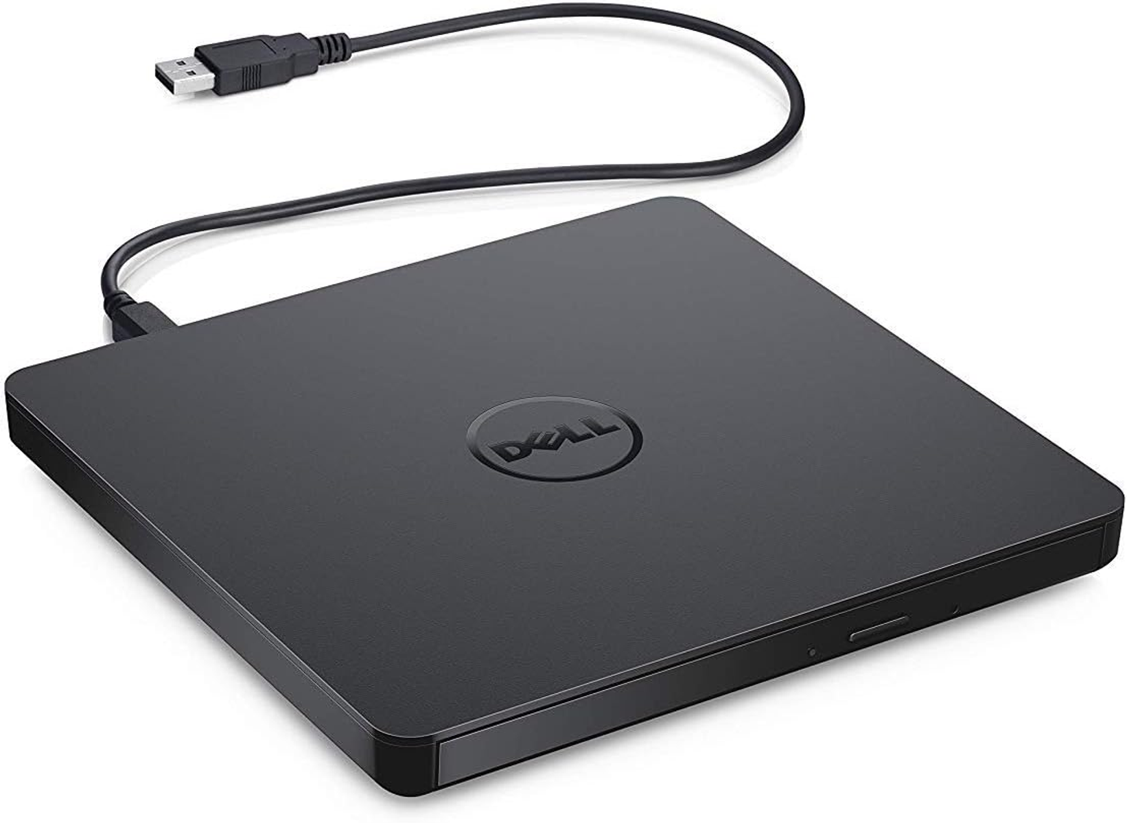 Ein schwarzes externes Dell DVD-Laufwerk mit angeschlossenem USB-Kabel. Das Dell-Logo ist sichtbar.