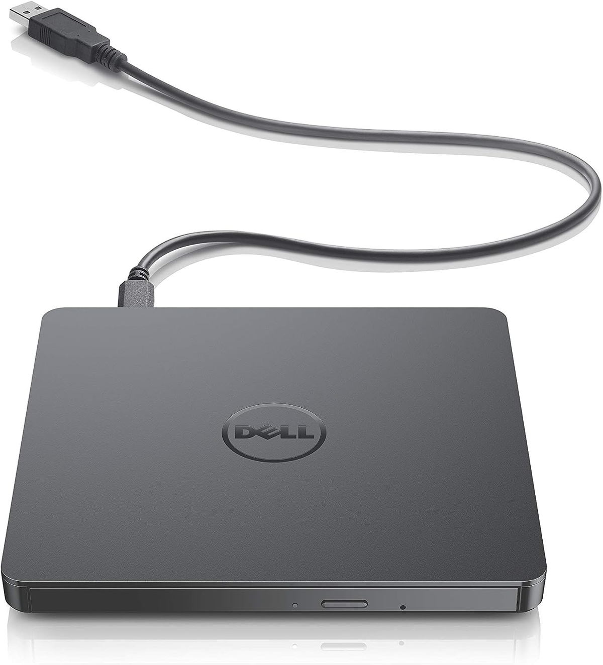 Ein schwarzes externes DVD-Laufwerk von Dell, das über ein USB-Kabel angeschlossen ist.