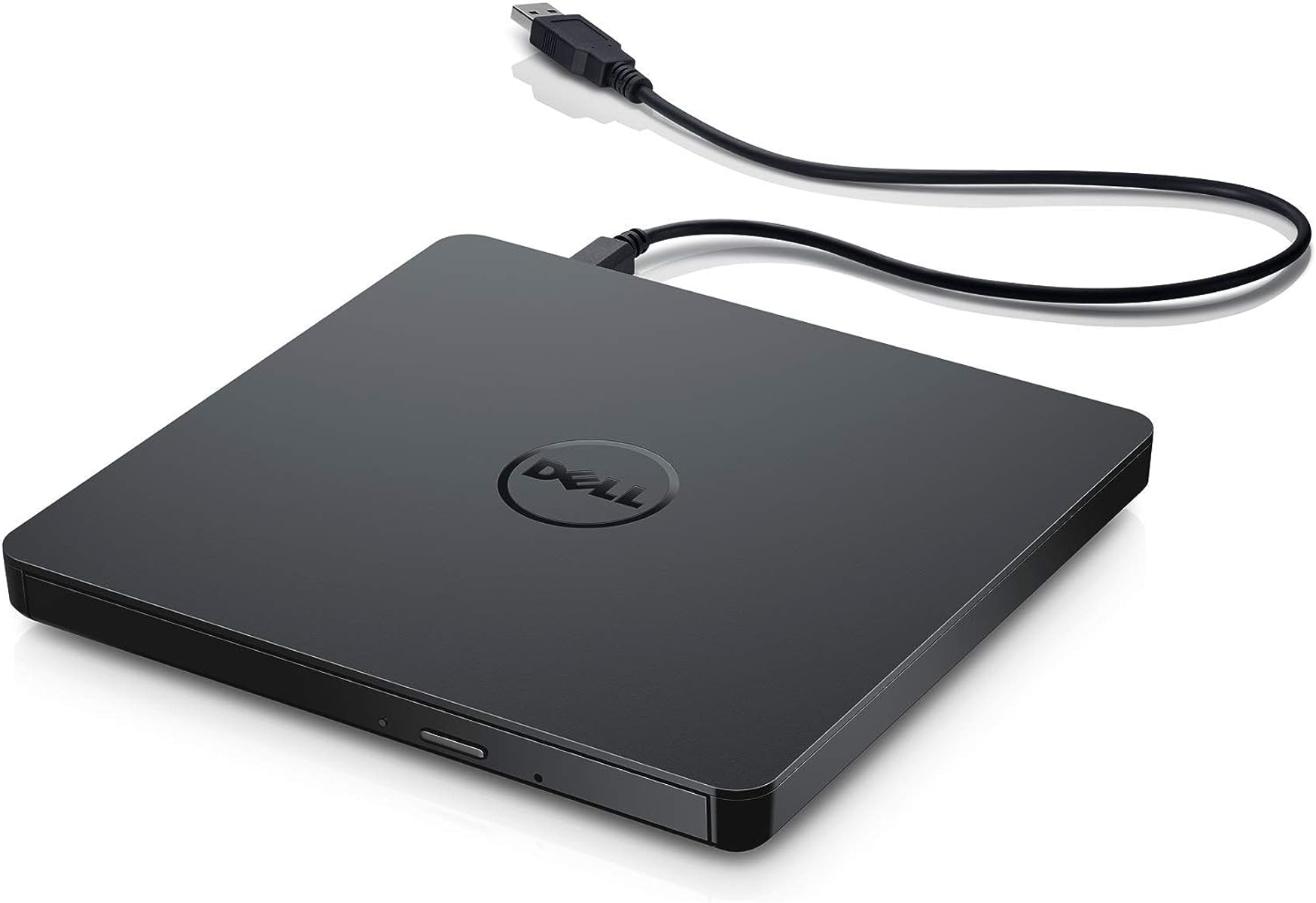 Ein schwarzes, quadratisches externes DVD-Laufwerk von Dell mit einem USB-Kabel.