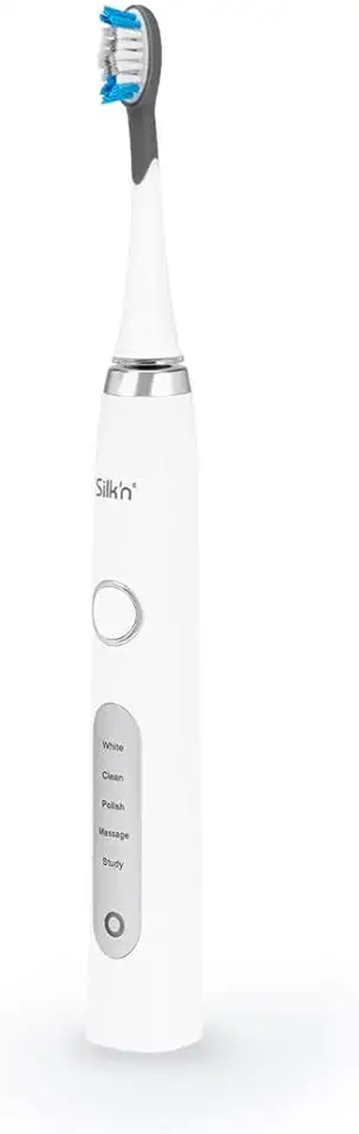 Biała elektryczna szczoteczka do zębów z szarą i niebieską główką. Ma biały korpus i przycisk.