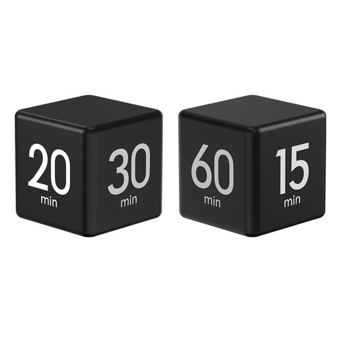 Zwei schwarze Timer-Würfel. Einer zeigt '20 min', der andere '30 min', '60 min' und '15 min'.