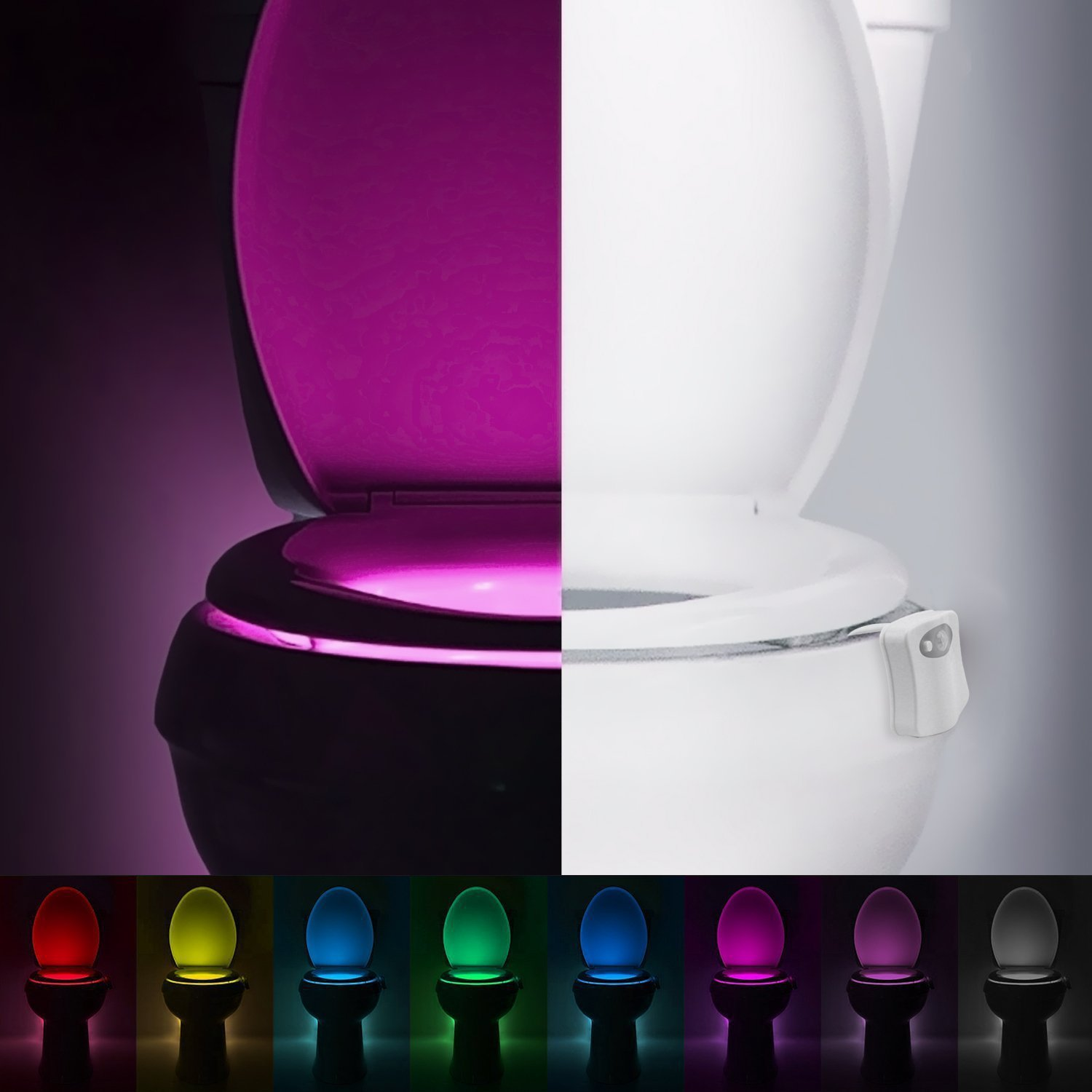 Toilette mit geöffnetem Sitz, beleuchtet mit violettem Licht und bunten Lichtern.