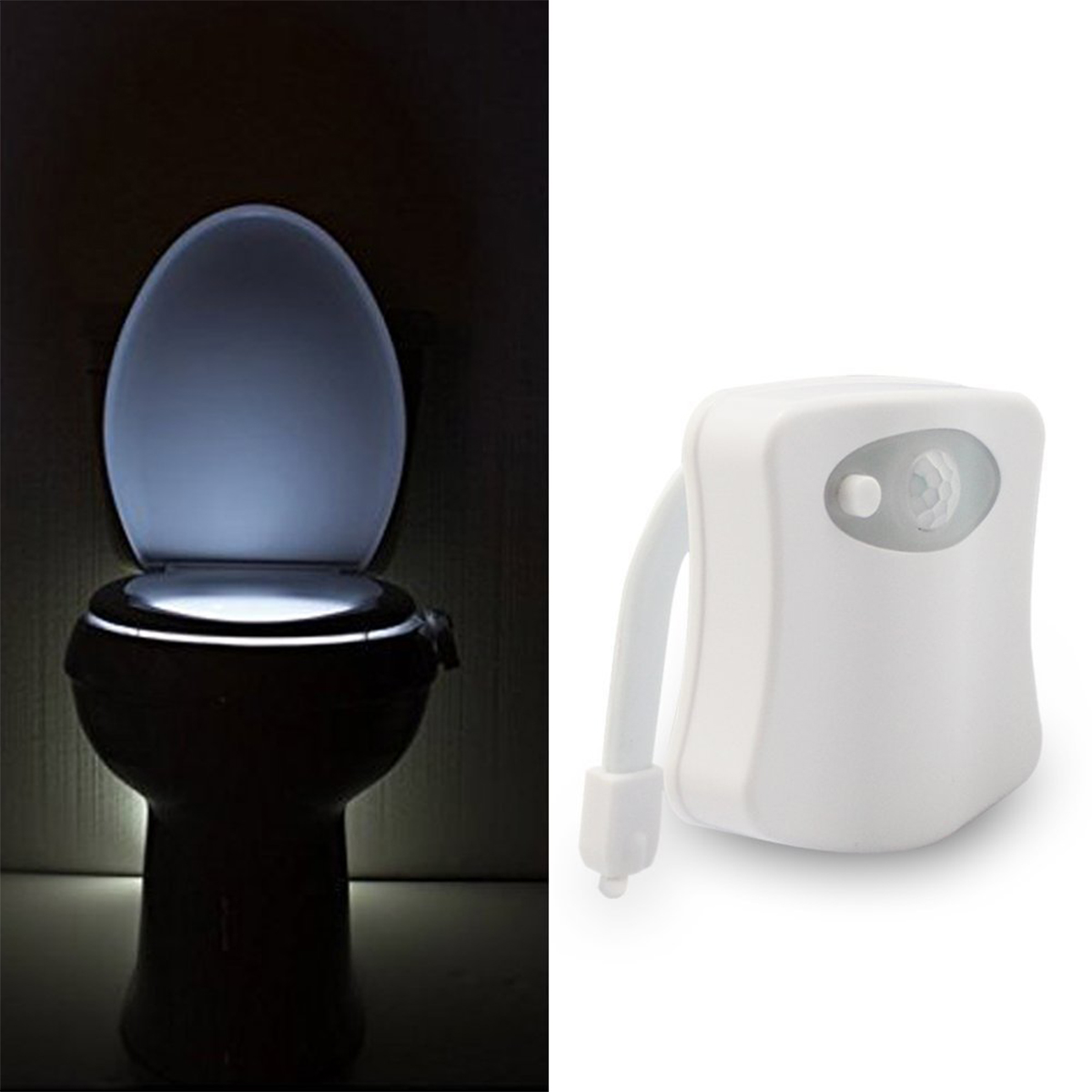 Eine Toilette mit blauem Licht von unter dem Sitz. Ein separater weißer Lichtsensor ist abgebildet.