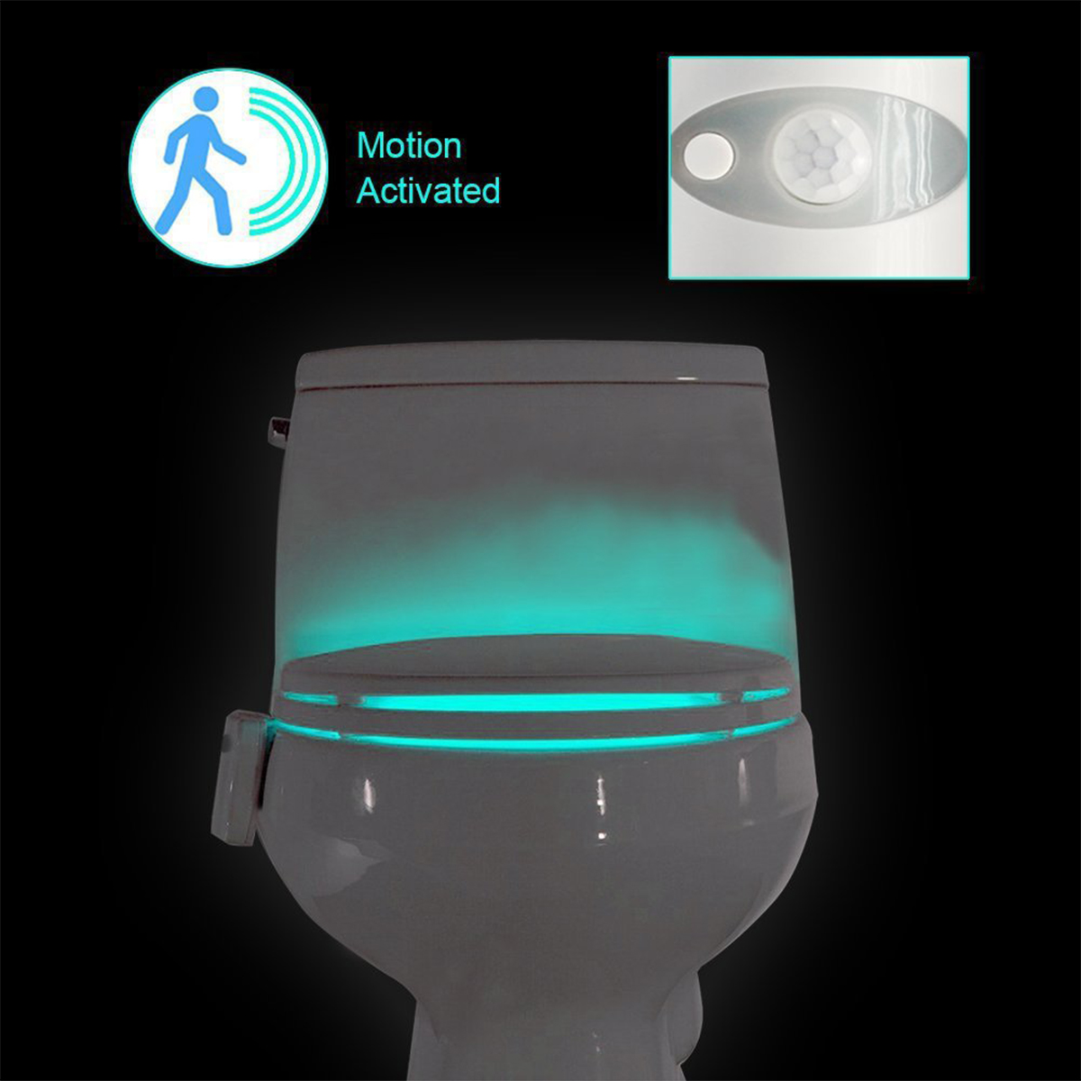 Eine bewegungsaktivierte Toiletten-Nachtlampe leuchtet blau. Symbol zeigt eine Person beim Gehen.