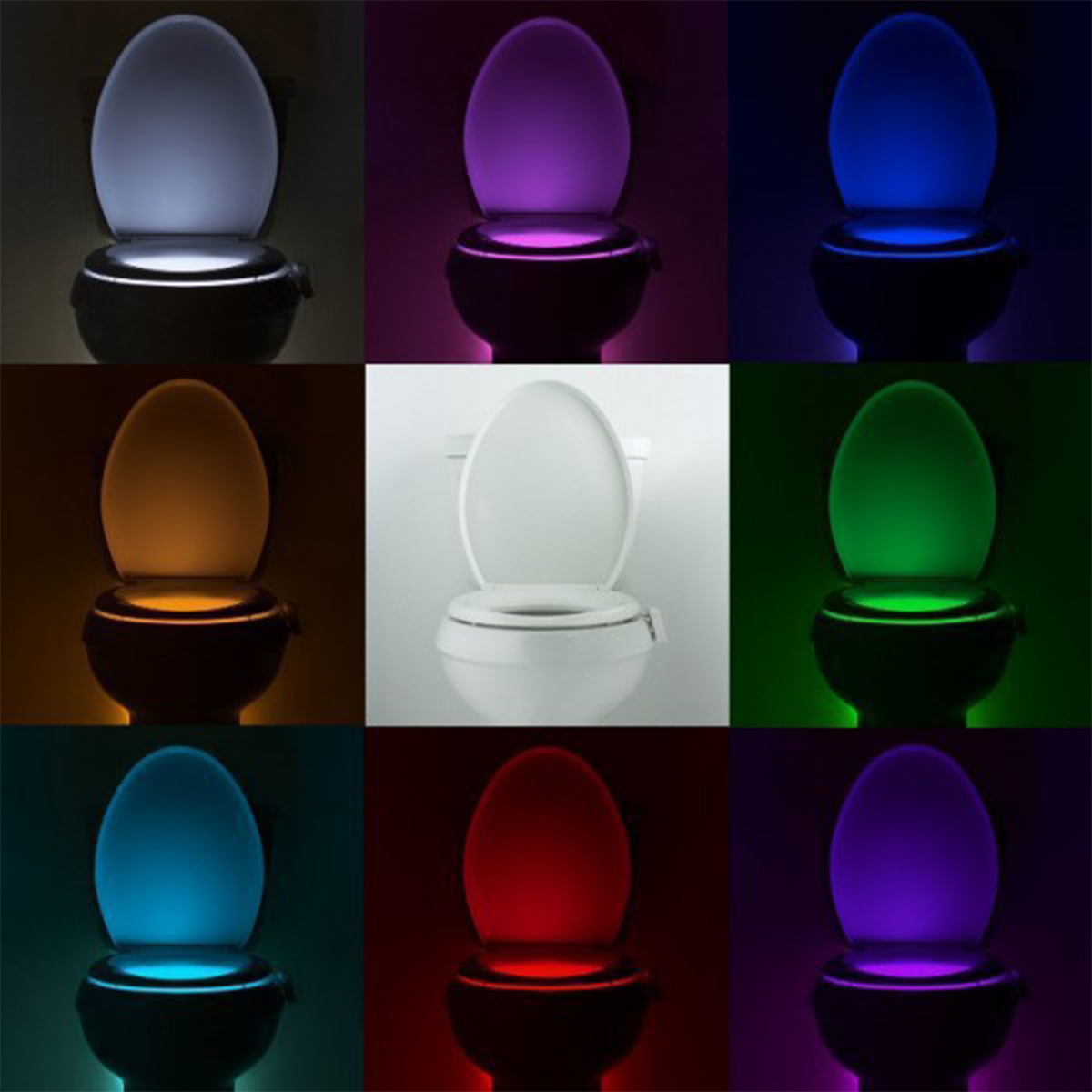 Eine Toilette mit farbwechselndem Licht. Die Lichter sind in verschiedenen Farben.