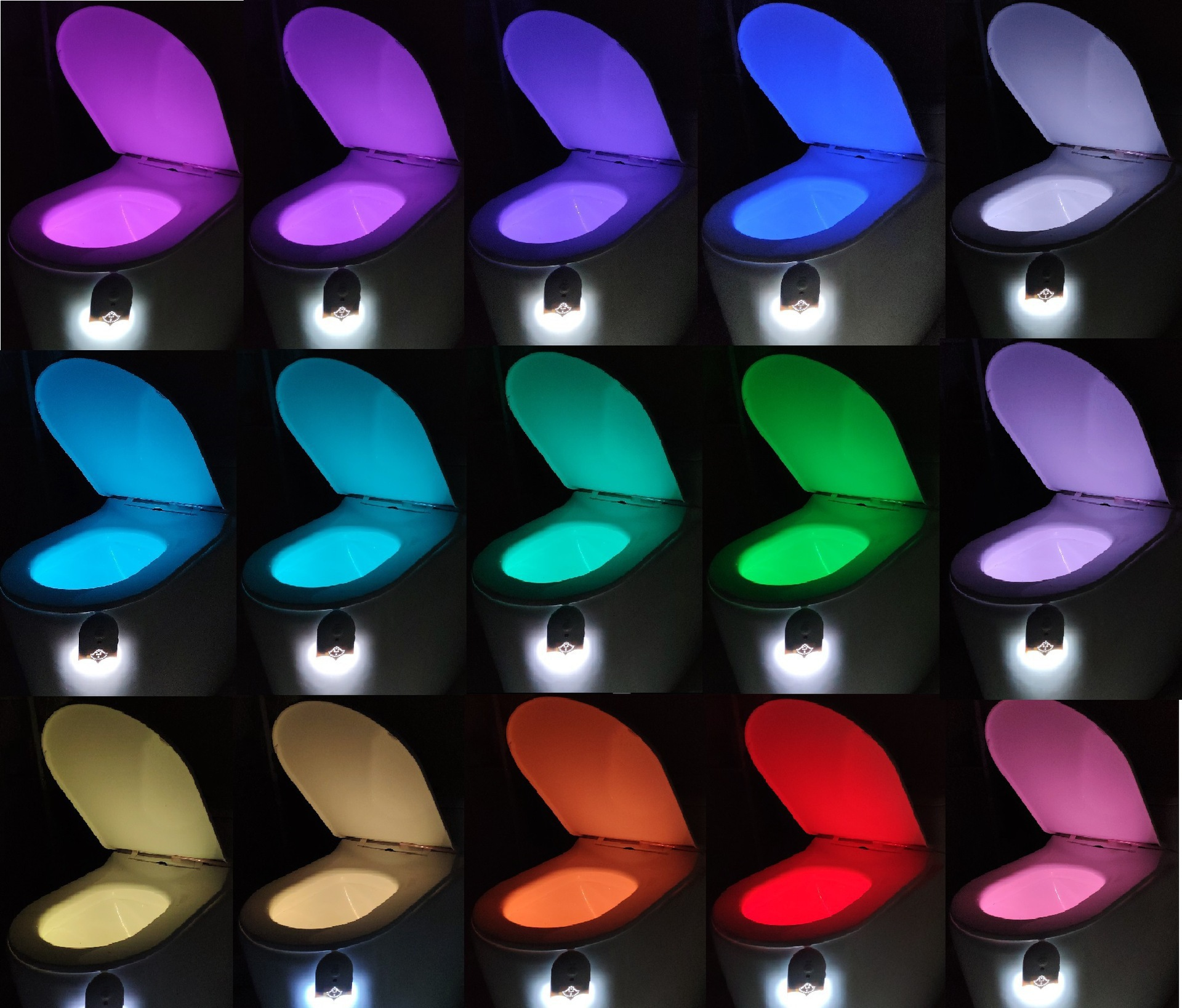 Mehrere Toilettensitze mit verschiedenfarbigen Lichtern. Farben sind Lila, Blau, Grün und Rot.
