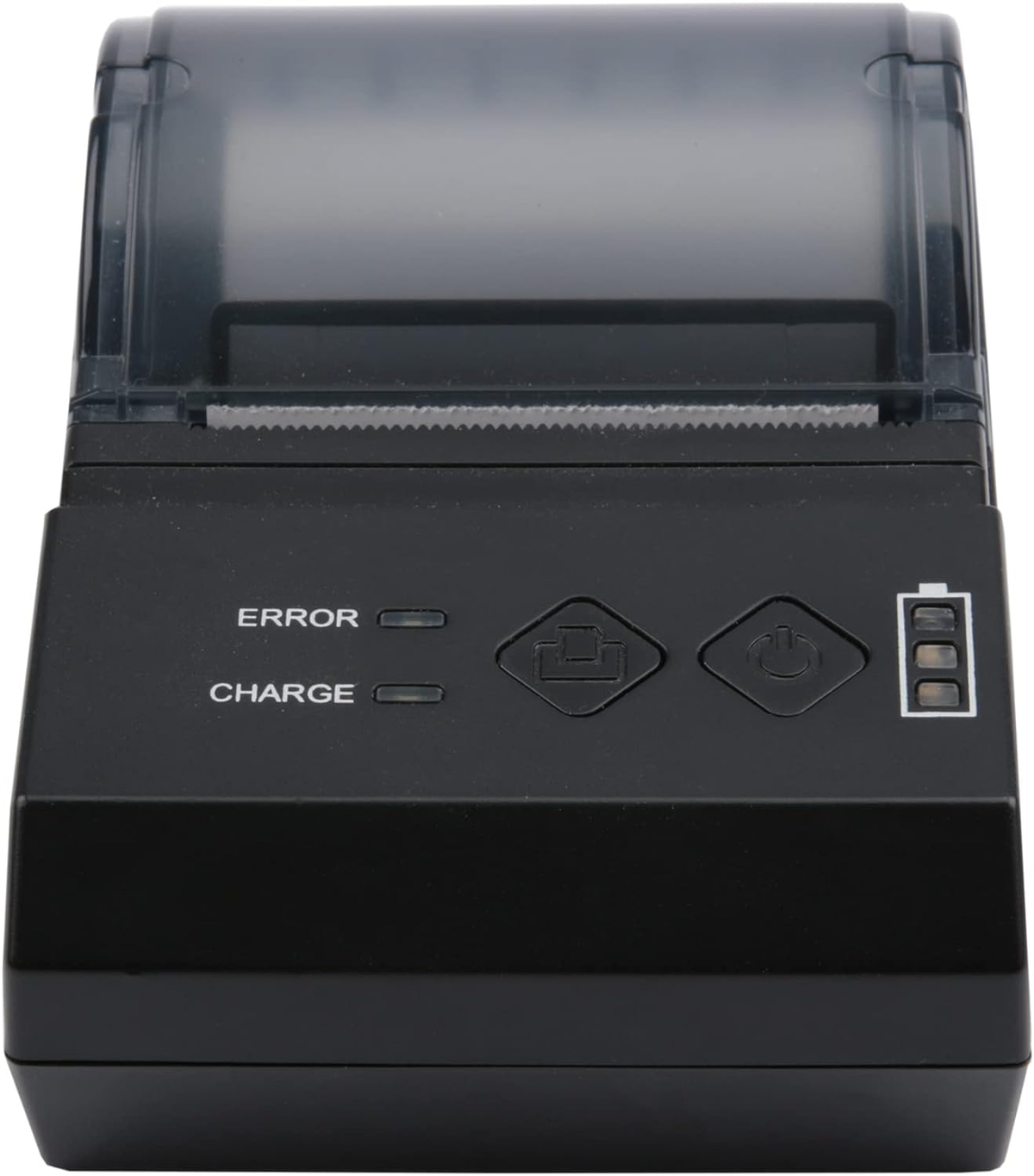Ein schwarzer Mini-Drucker mit Knöpfen und Lichtern. Die Strom- und Ladelichter sind an.