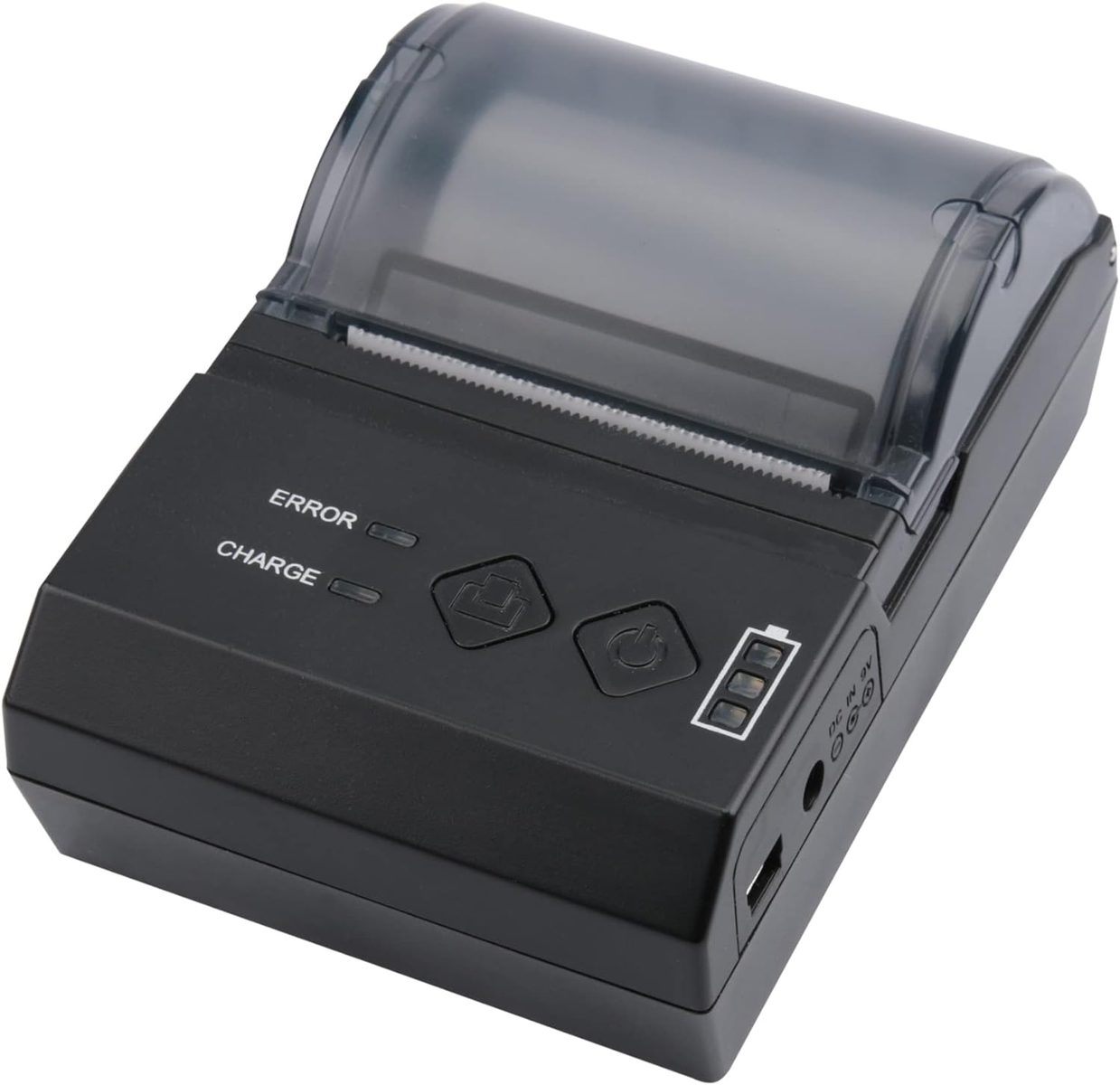 Ein schwarzer Thermodrucker mit Knöpfen und einer transparenten Abdeckung. Er hat ein Etikett mit der Aufschrift 'ERROR' und 'CHARGE'.