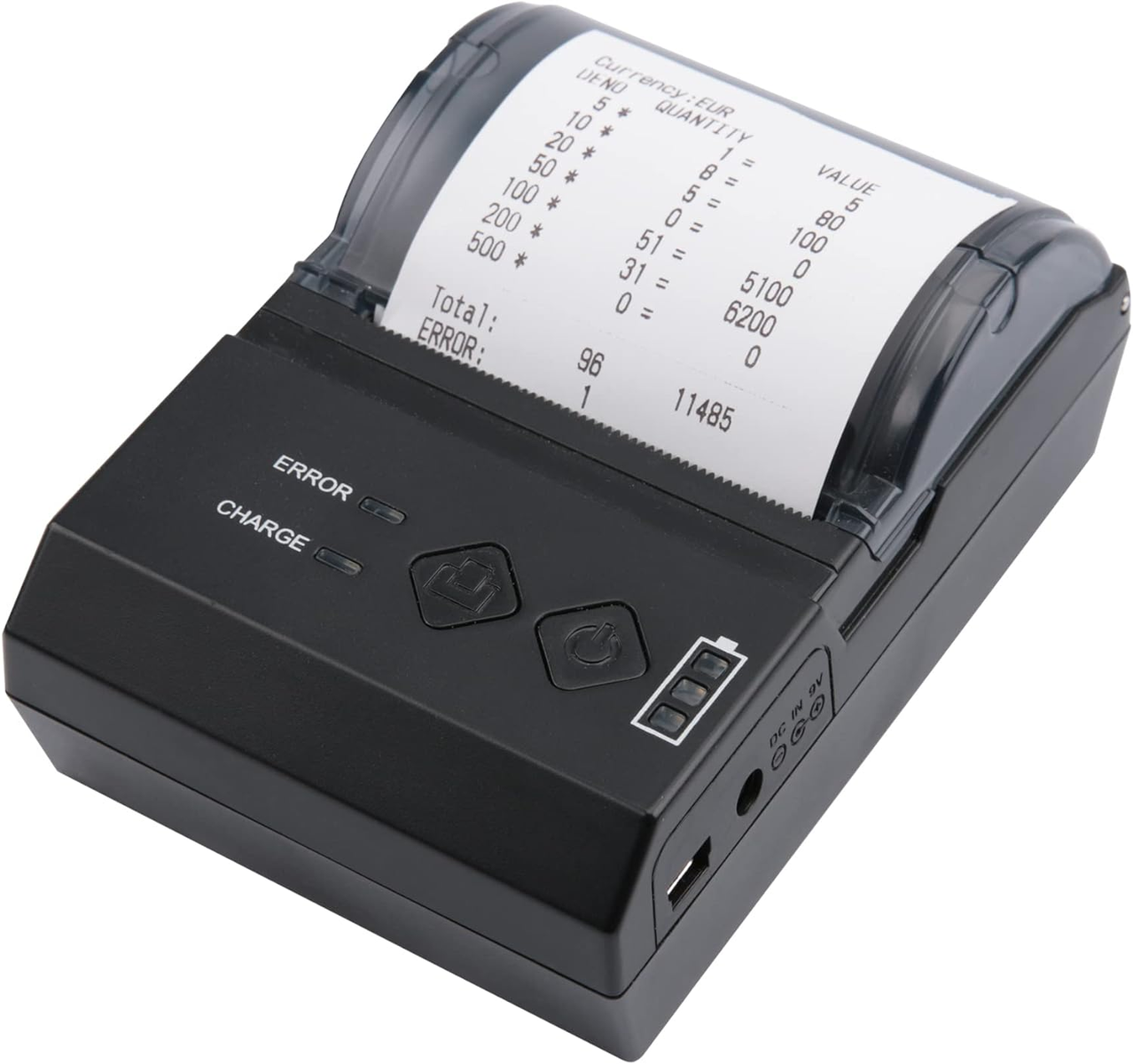 Schwarzer Thermodrucker druckt einen Beleg. Display mit Tasten und Fehleranzeigen.