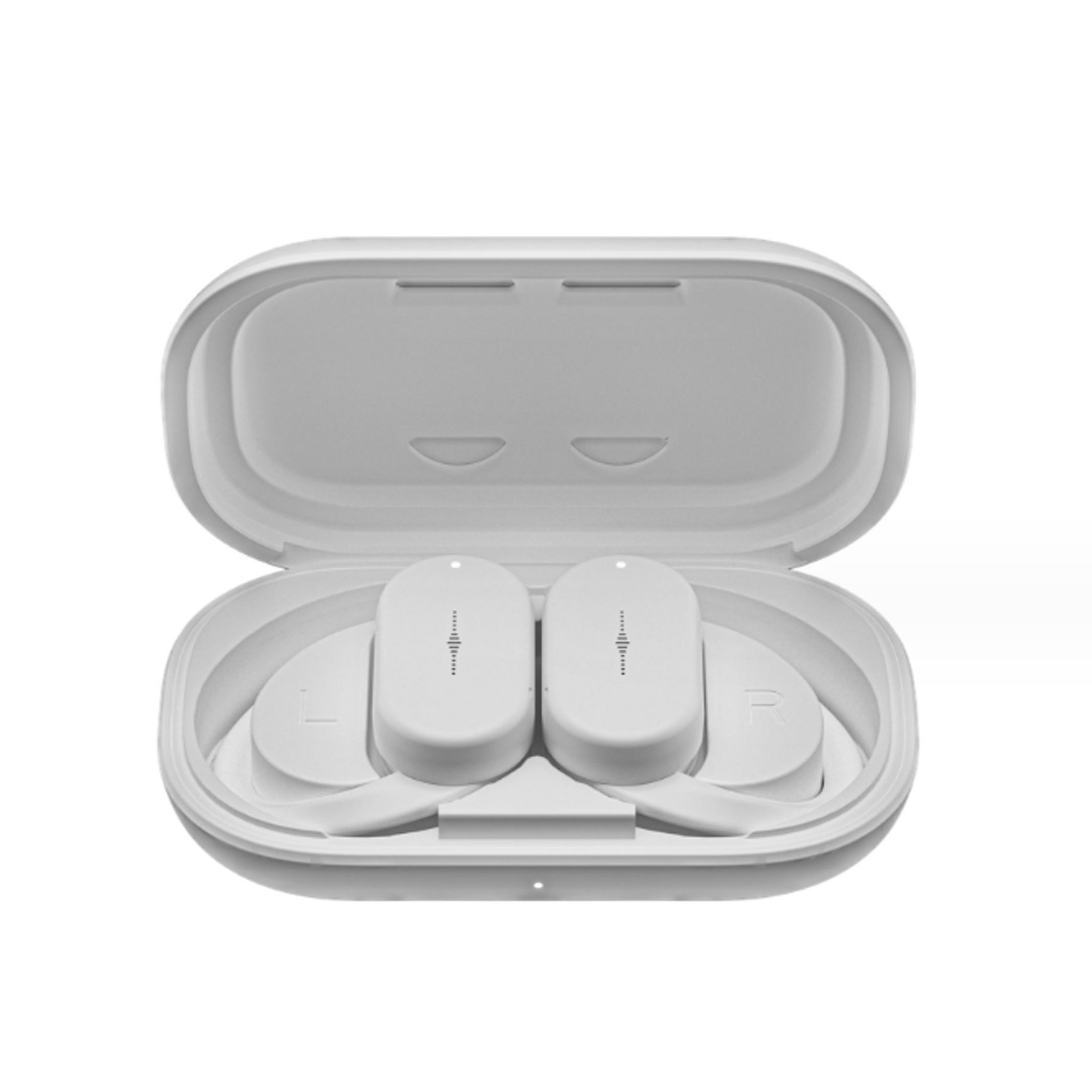 Białe bezprzewodowe słuchawki w białym etui ładującym, pokazujące 'L' i 'R'.