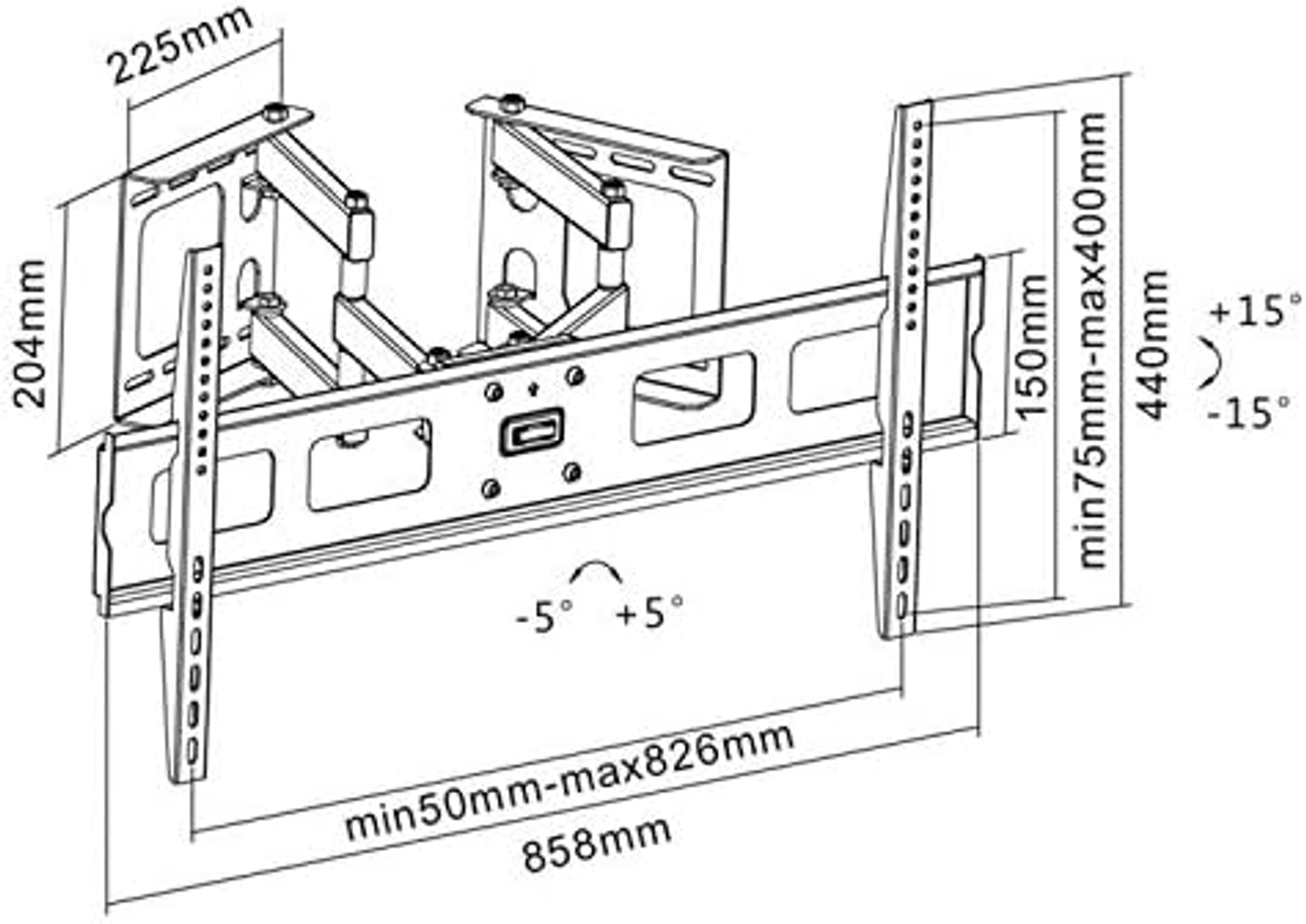 Eine TV-Wandhalterung mit Abmessungen und Winkeln. Die Halterung ist schwarz und für einen Fernseher konzipiert.
