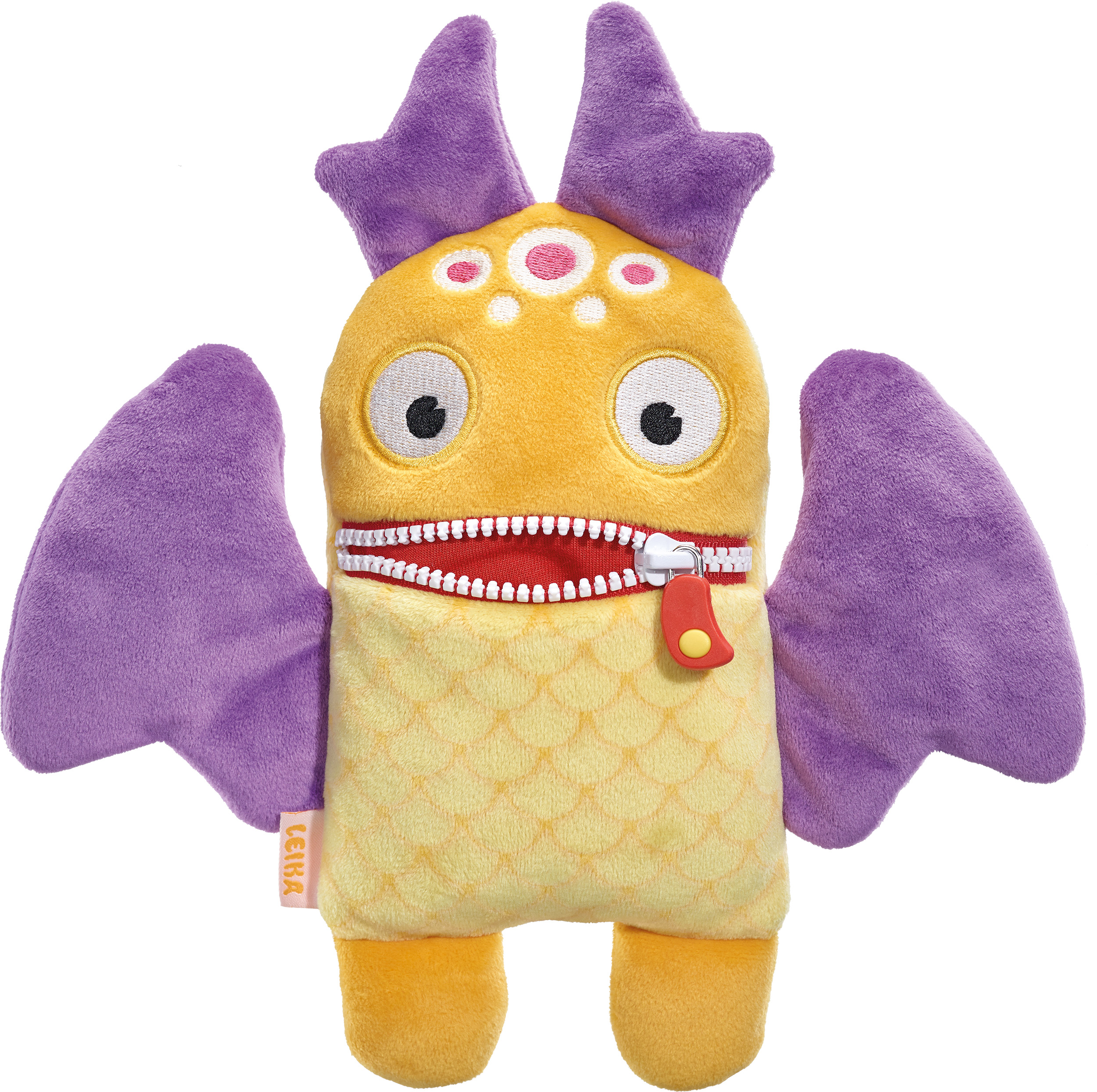 Gelbes Monster-Spielzeug mit lila Flügeln und Ohren, Reißverschluss-Mund und rotem Zug.