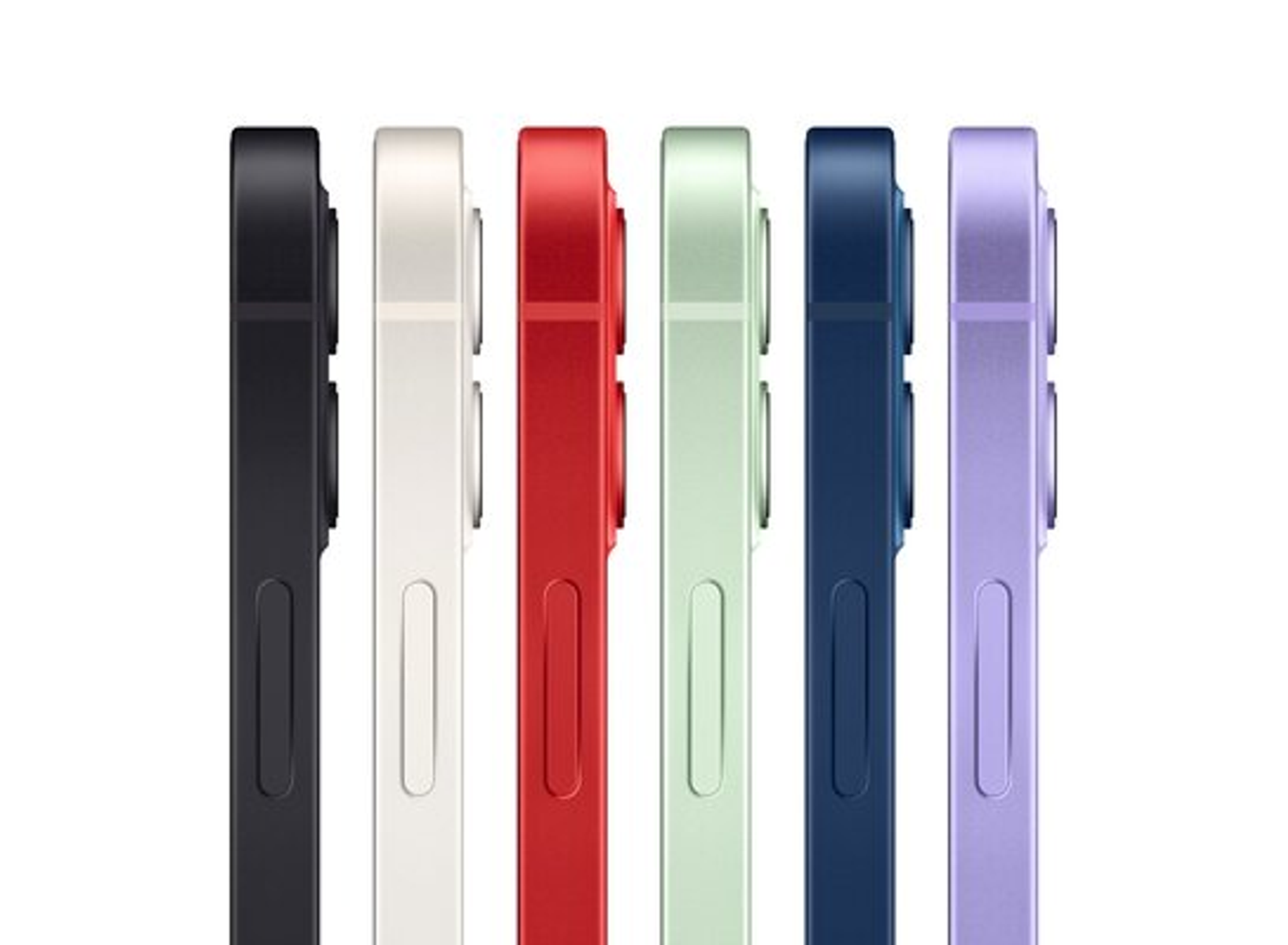 Sześć kolorowych boków iPhone'a w kolorach czarnym, białym, czerwonym, zielonym, niebieskim i fioletowym.